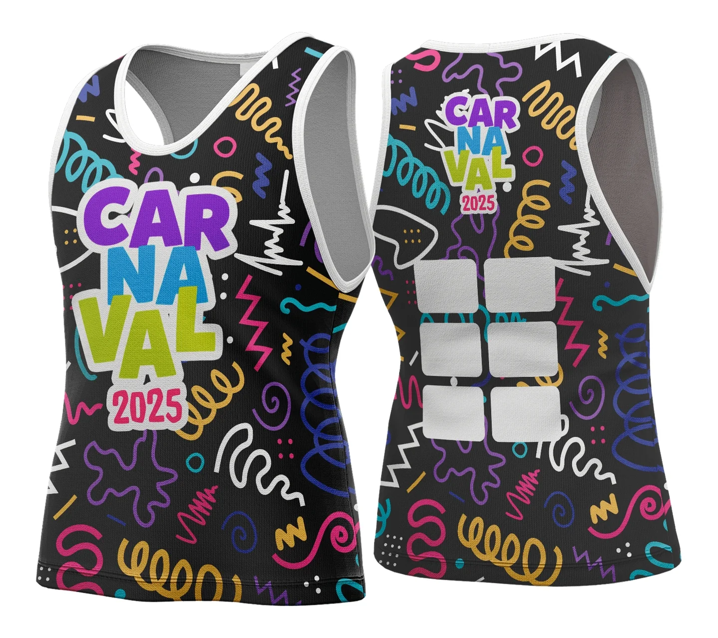 Camiseta unissex branca com logo no peito e estampa grande nas costas, tema Abadá Carnaval 2026, modelo 111 com detalhes vibrantes e coloridos.