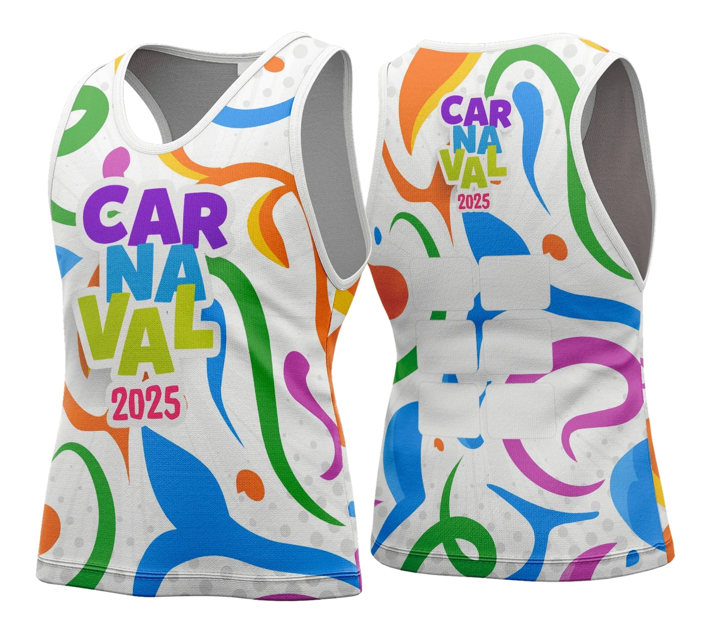 Camiseta unissex branca com logo no peito e estampa grande nas costas, tema Carnaval 2026, modelo 115, design vibrante e moderno perfeito para festas.