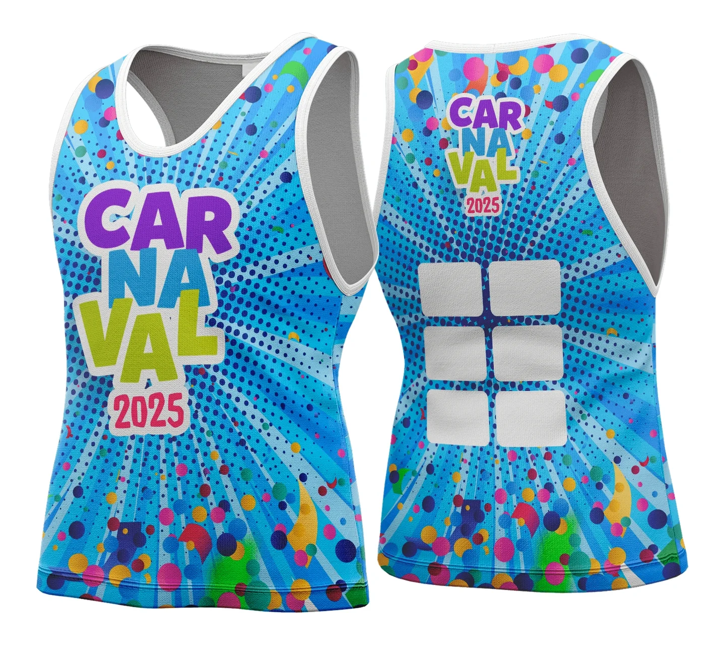 Camiseta unissex branca com logo no peito e estampa grande nas costas, com tema Carnaval 2026, Modelo 117, ideal para festas e eventos animados.