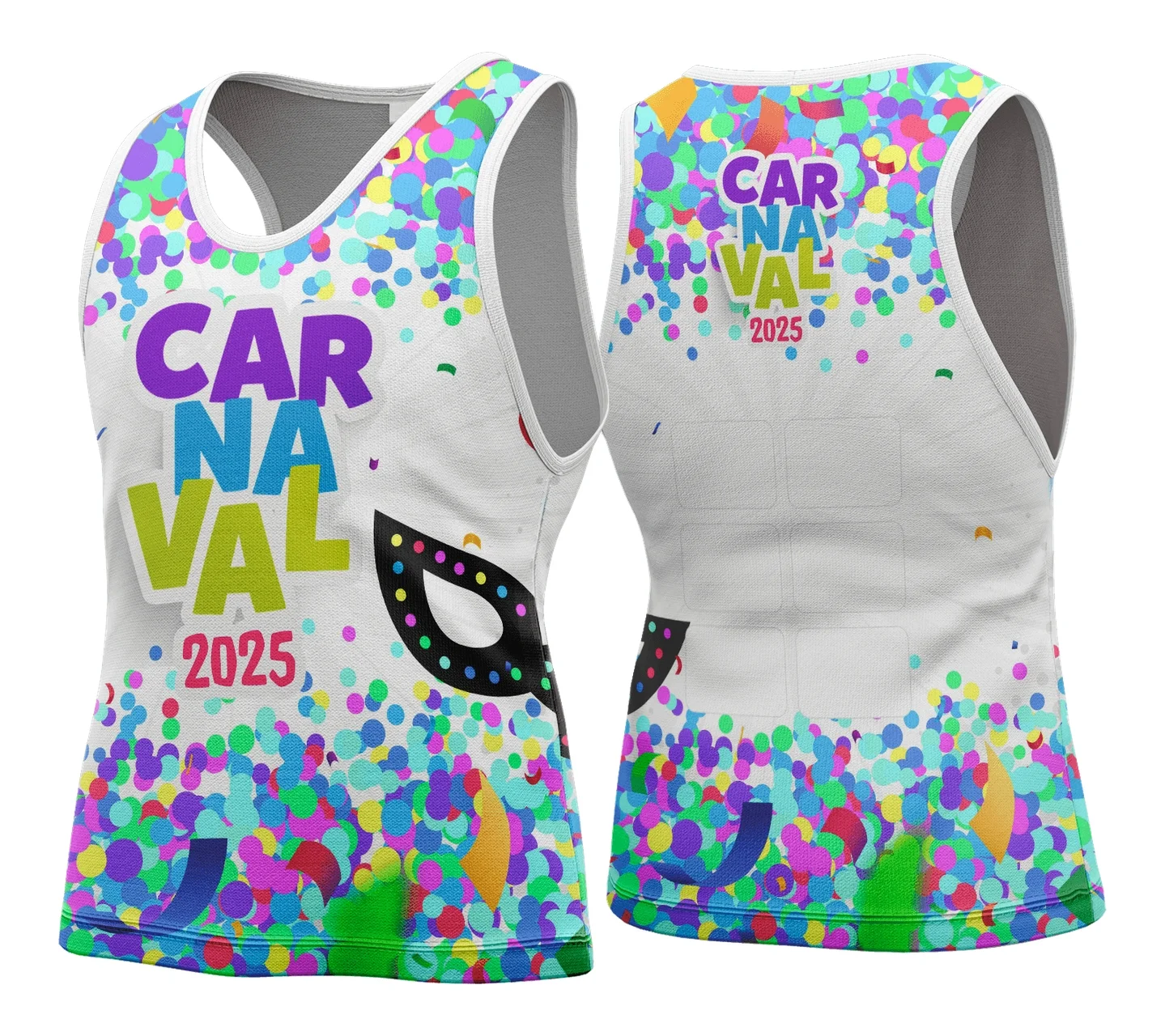 Camiseta unissex branca com logo no peito e estampa grande nas costas, tema Abadá Carnaval 2026 Modelo 118, perfeita para festas e blocos carnavalescos com design vibrante e alegre.