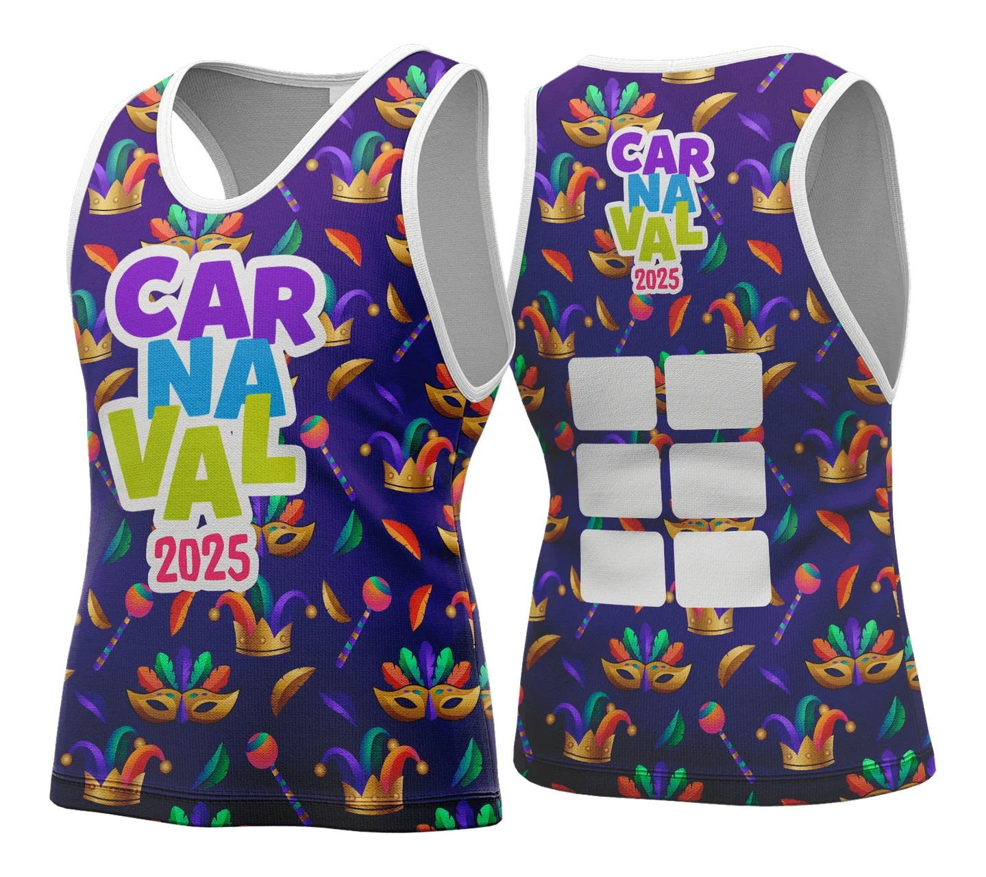 Camiseta unissex branca com logo no peito e estampa grande nas costas com tema Abadá de Carnaval 2026 Modelo 121, ideal para festa e bloco de rua.