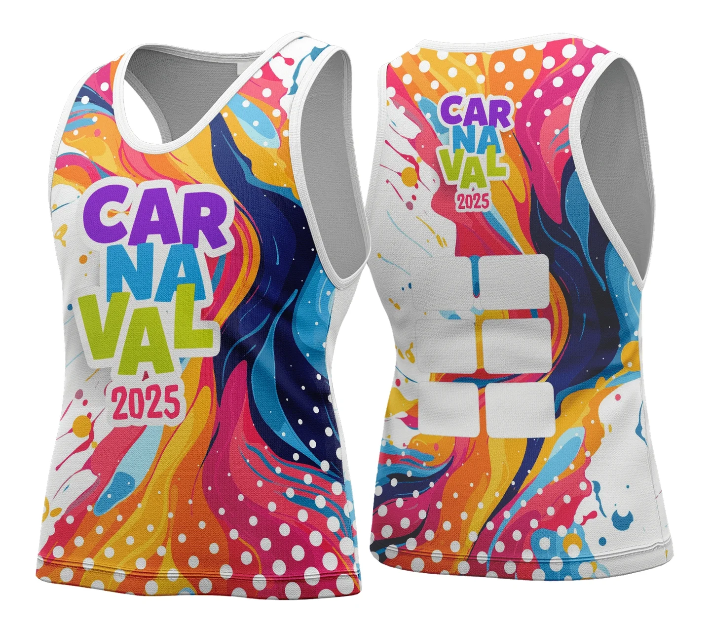 Camiseta unissex branca com logo no peito e estampa grande nas costas com tema Abadá de Carnaval 2026 Modelo 125, perfeita para quem busca estilo e conforto no carnaval.