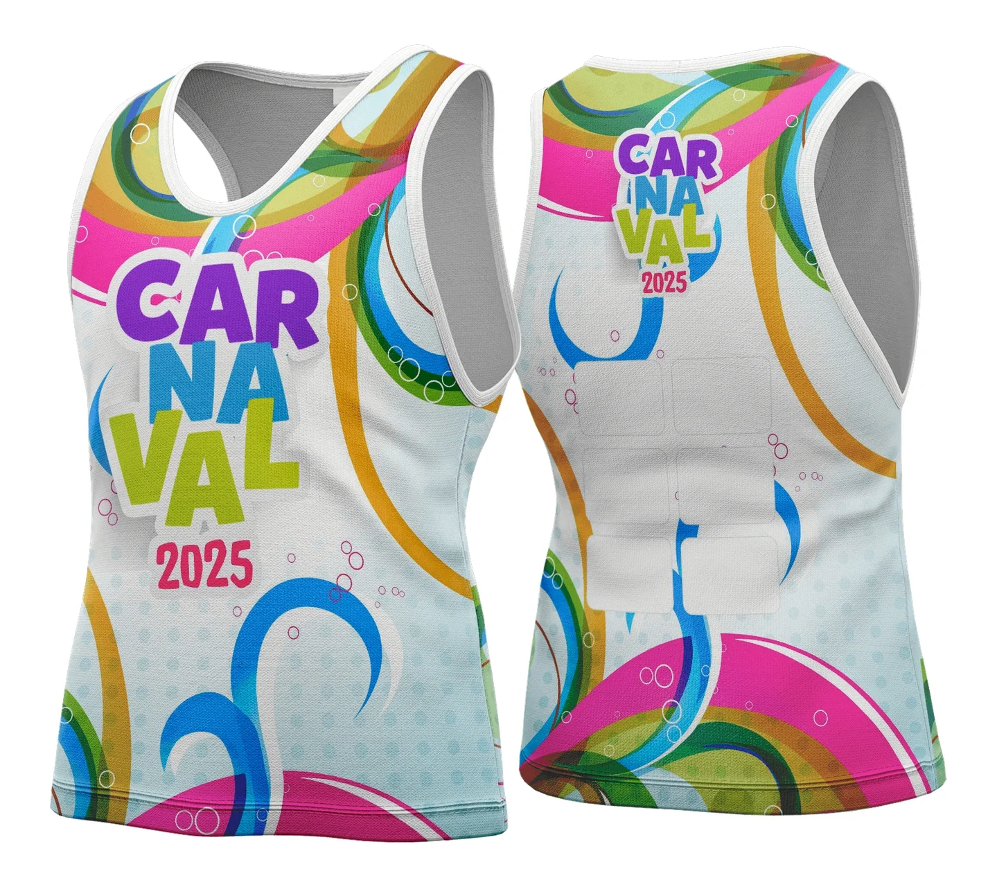 Camiseta unissex branca com logo no peito e estampa grande nas costas em tema Carnaval 2026 Modelo 127, design vibrante e moderno para quem busca estilo e conforto na folia.