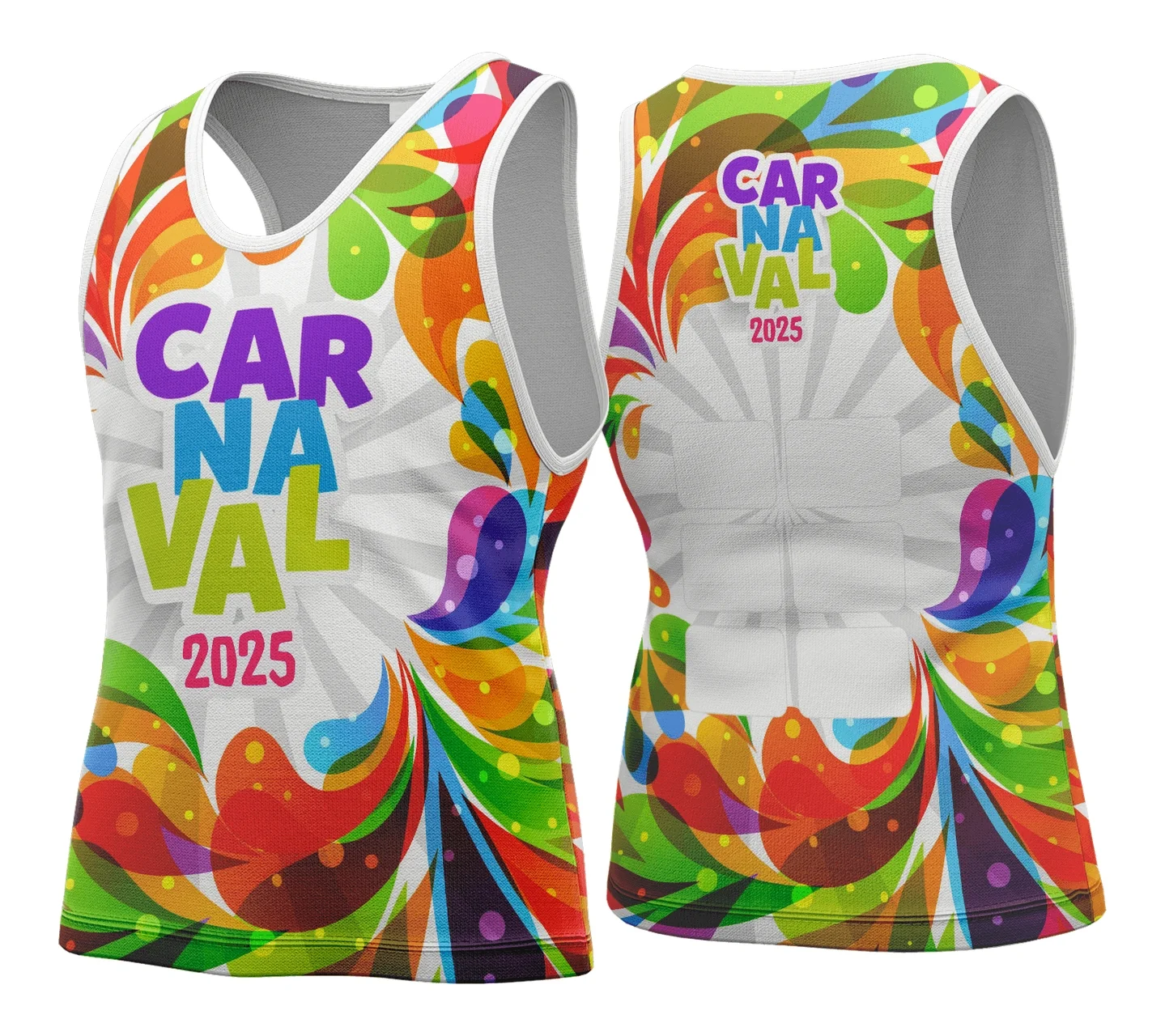 Camiseta unissex branca com logo no peito e estampa grande nas costas, tema Abadá Carnaval 2026 Modelo 128, ideal para folia e celebração festiva.