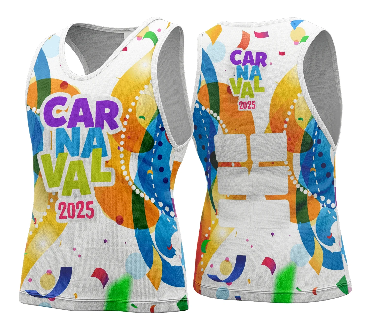 Camiseta unissex branca com logo no peito e estampa grande nas costas do tema Abadá Carnaval 2026 modelo 129, perfeita para festas e eventos carnavalescos.