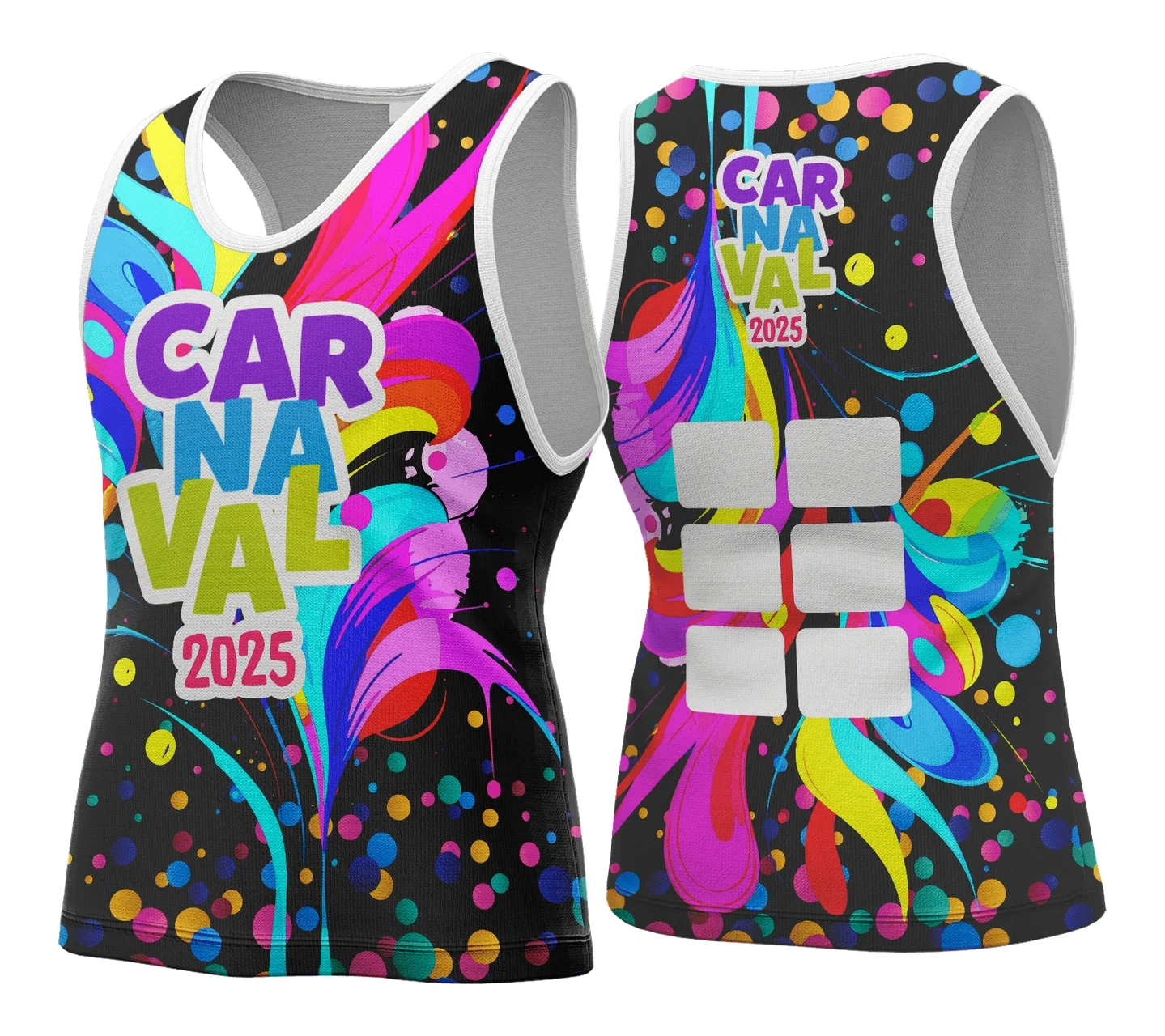 Camiseta unissex branca com logo no peito e estampa grande nas costas do tema Camisa Abadá de Carnaval 2026 Modelo 131, ideal para festas e blocos de Carnaval.