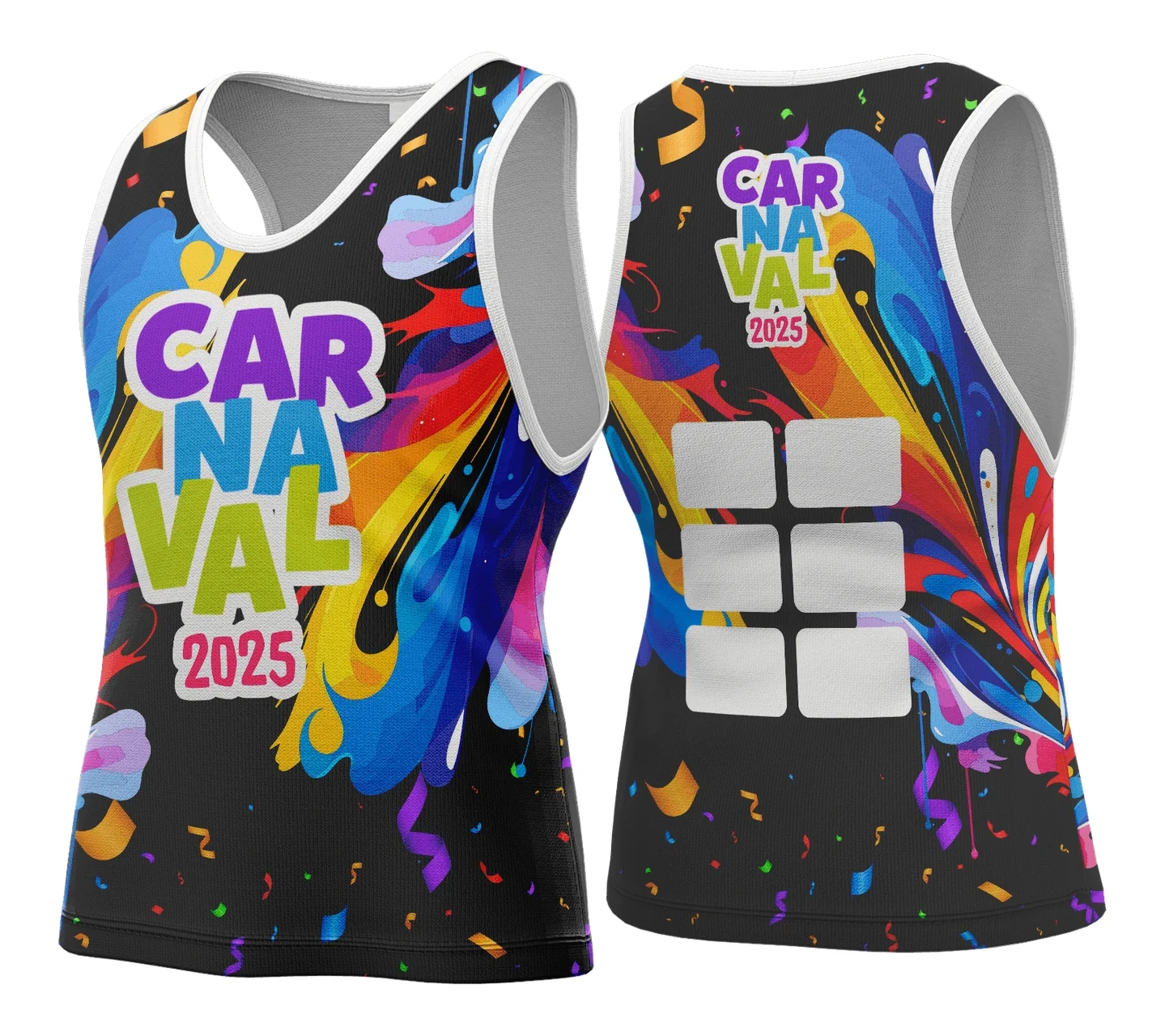 Camiseta unissex branca com logo no peito e estampa grande nas costas sobre o tema Abadá de Carnaval 2026, visual vibrante e festivo, perfeita para a folia.