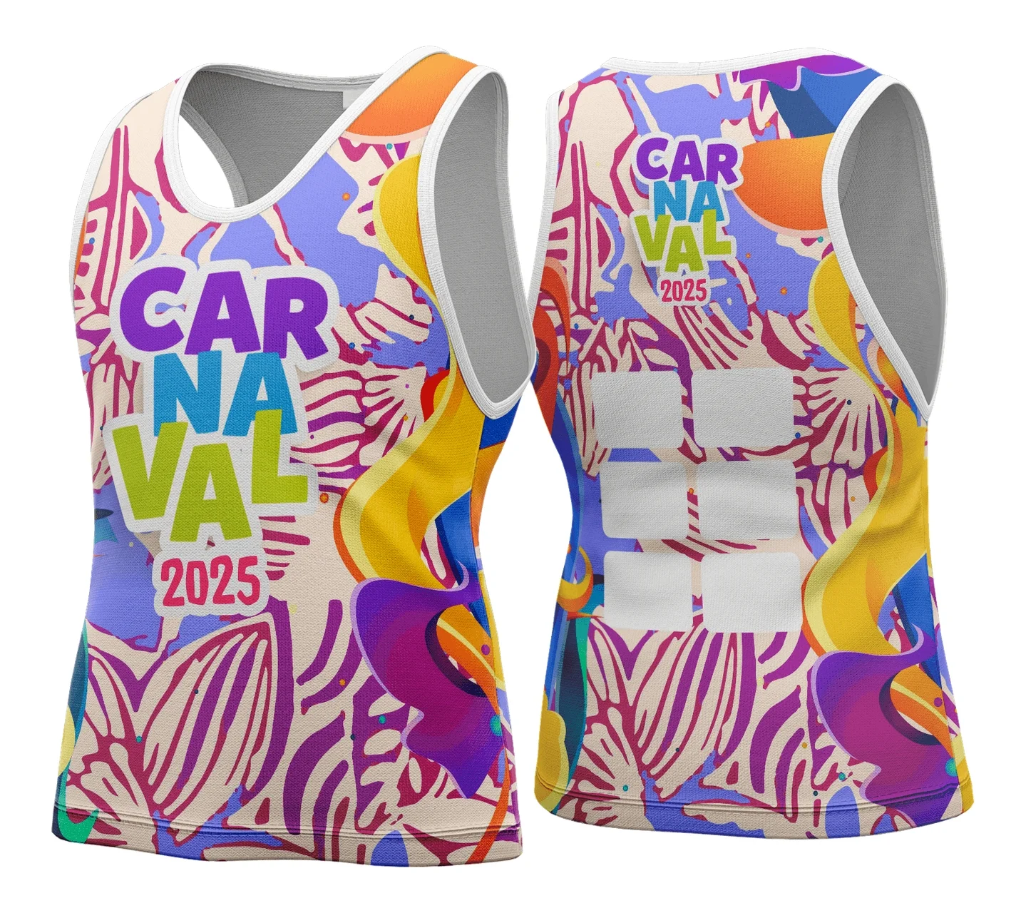 Camiseta unissex branca com logo no peito e estampa grande nas costas com o tema Abadá de Carnaval 2026 Modelo 138, ideal para festas e blocos de carnaval.