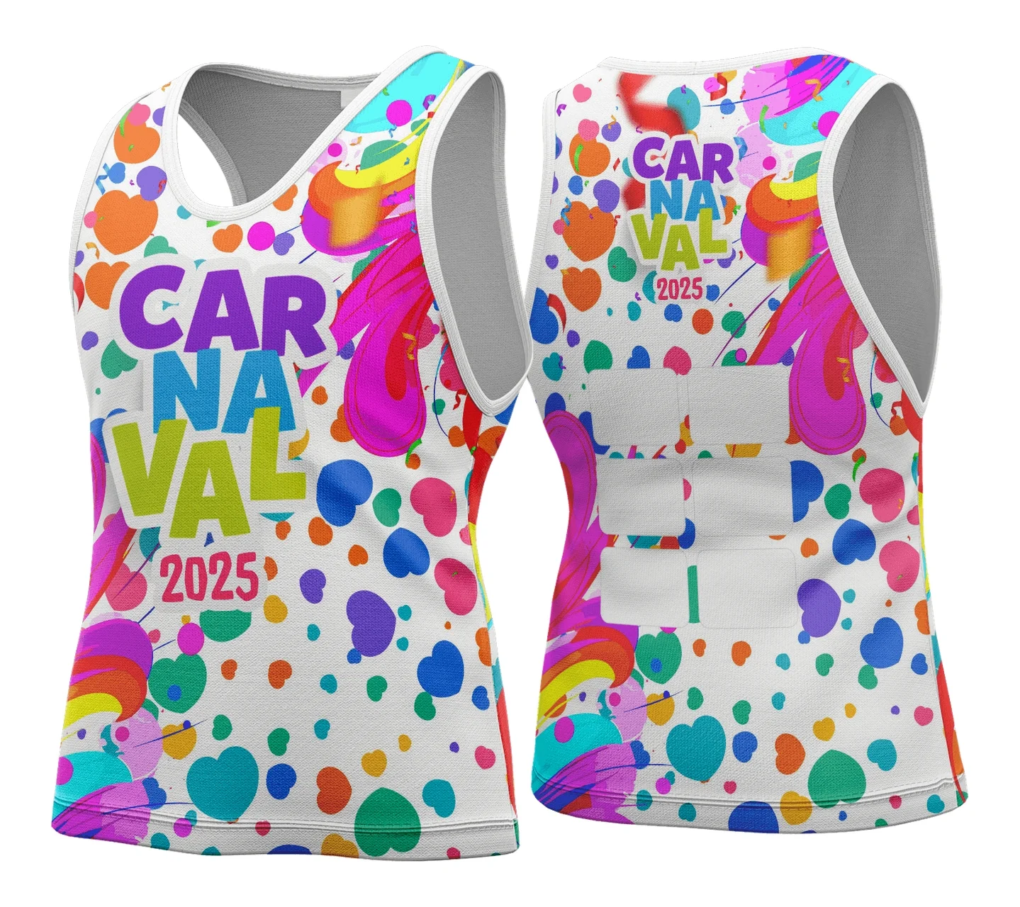 Camiseta unissex branca com logo no peito e estampa grande nas costas mostrando tema Abadá Carnaval 2026 Modelo 140, ideal para festa e bloco carnavalesco.