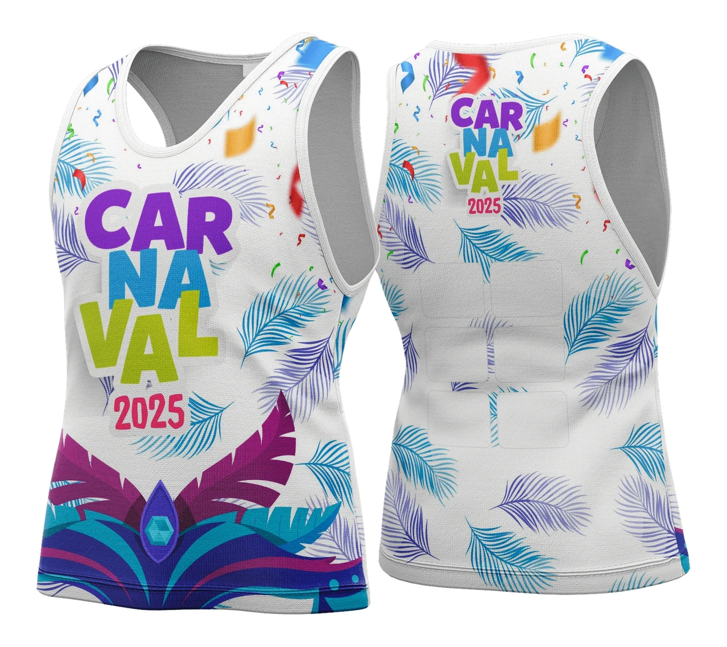 Camiseta unissex preta com logo no peito e estampa grande nas costas, tema Abadá de Carnaval 2026 Modelo 144, visual vibrante e festivo para folia