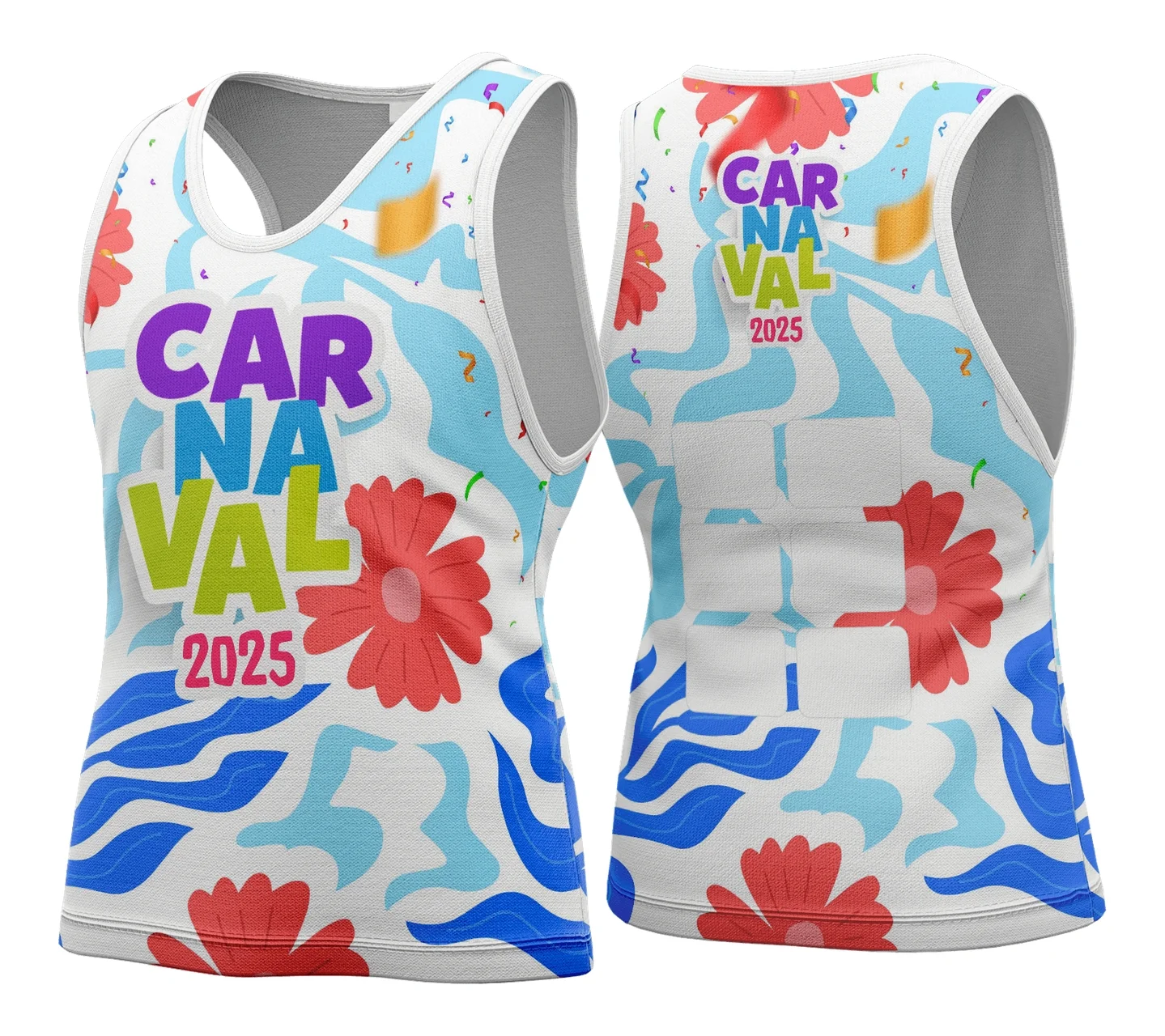 Camiseta unissex com cor base branca, logo no peito e estampa grande nas costas com tema Abadá de Carnaval 2026 Modelo 147, ideal para a folia e eventos carnavalescos.