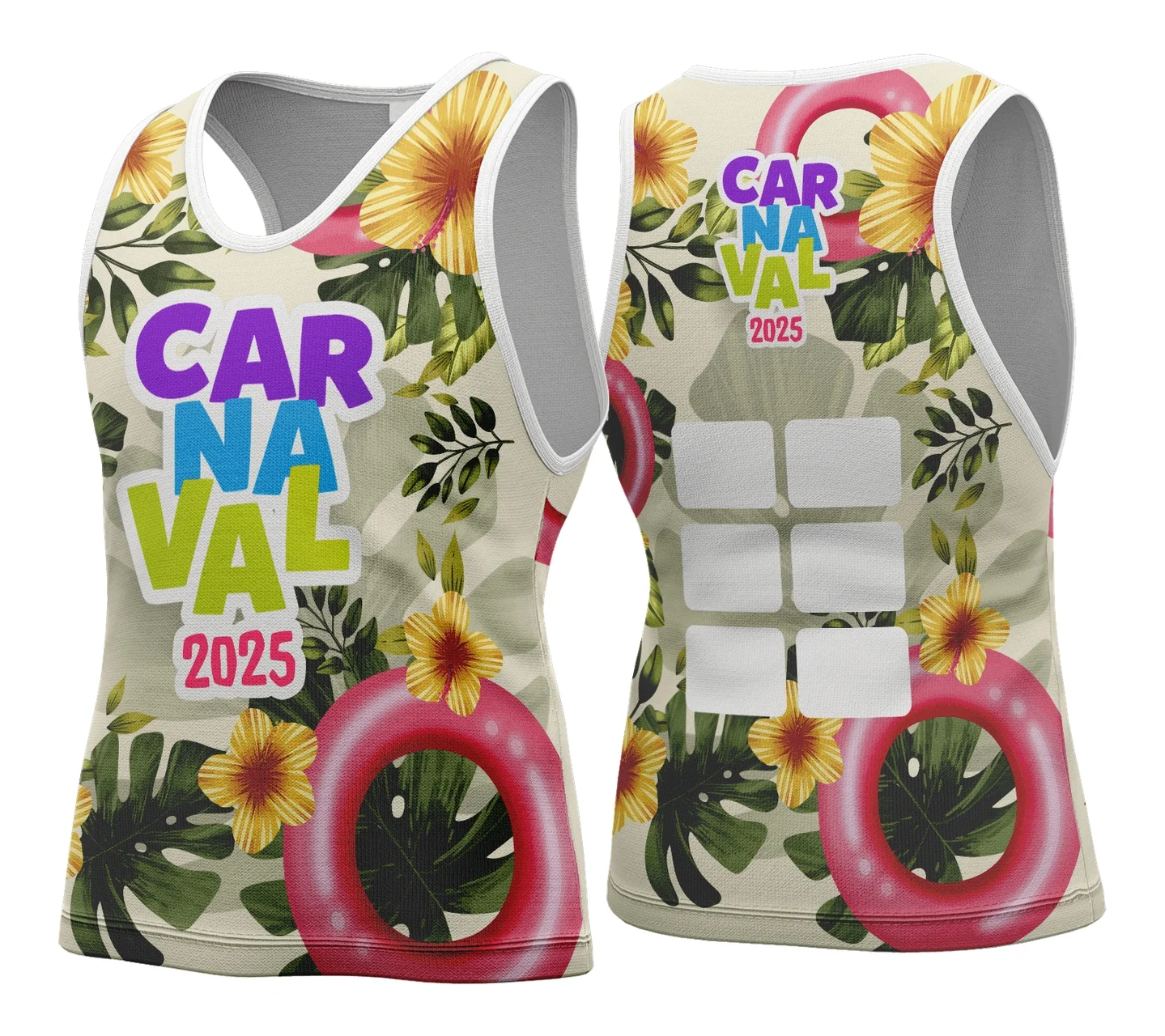 Camiseta unissex branca com logo no peito e estampa grande nas costas de abadá de Carnaval 2026, ideal para festa e bloco com design vibrante e moderno.