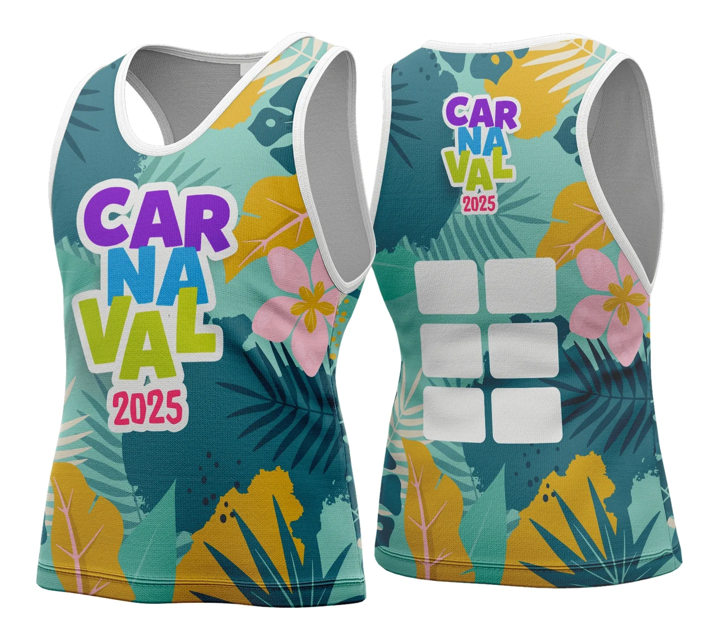 Camiseta unissex branca com logo no peito e estampa grande nas costas com tema Abadá Carnaval 2026, modelo 155, destacando cores vibrantes e design festivo perfeito para o Carnaval 2026.