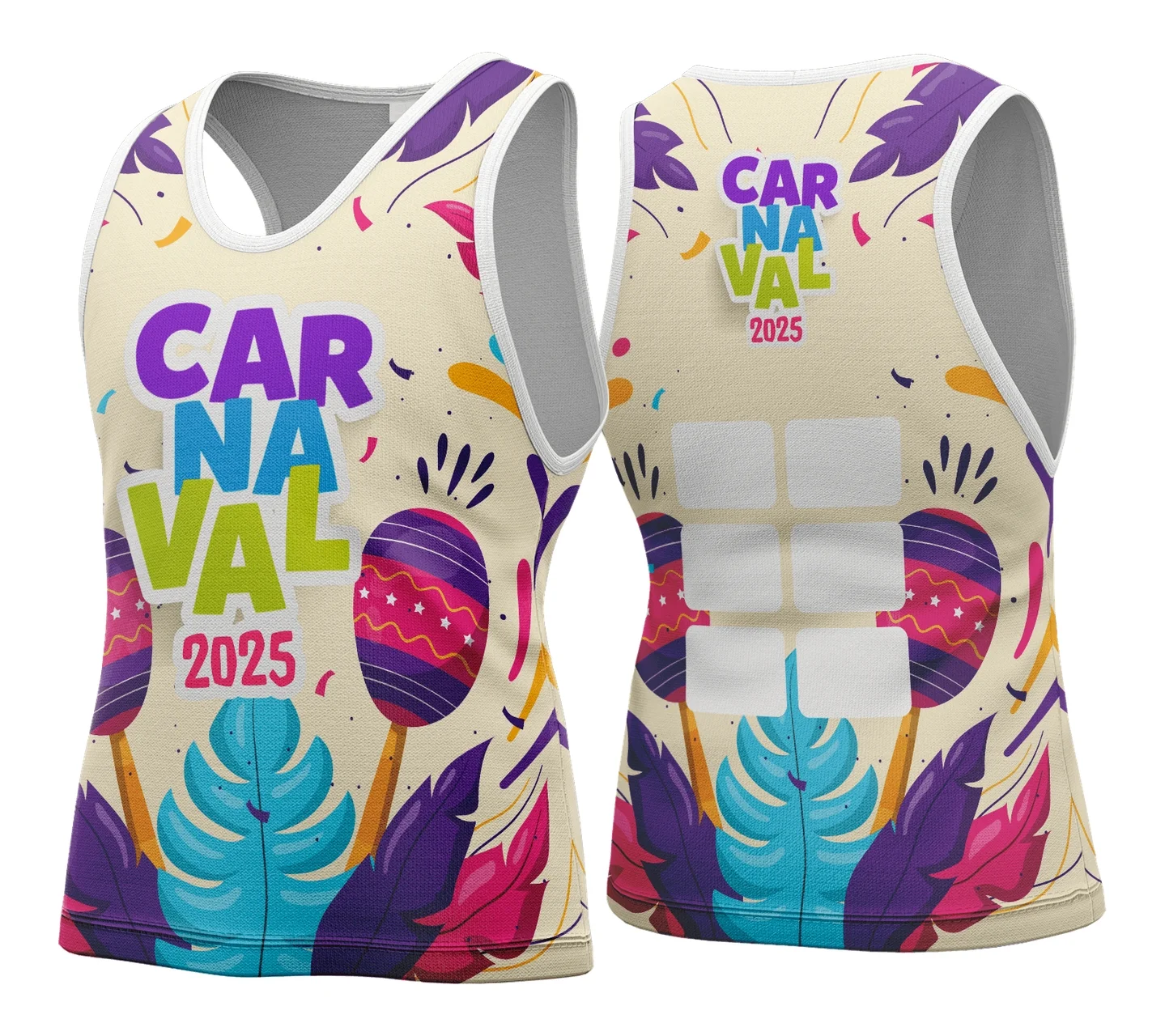 Camiseta unissex branca com logo no peito e estampa grande nas costas com tema Abadá de Carnaval 2026 Modelo 161, perfeita para a folia e festas em grupo.