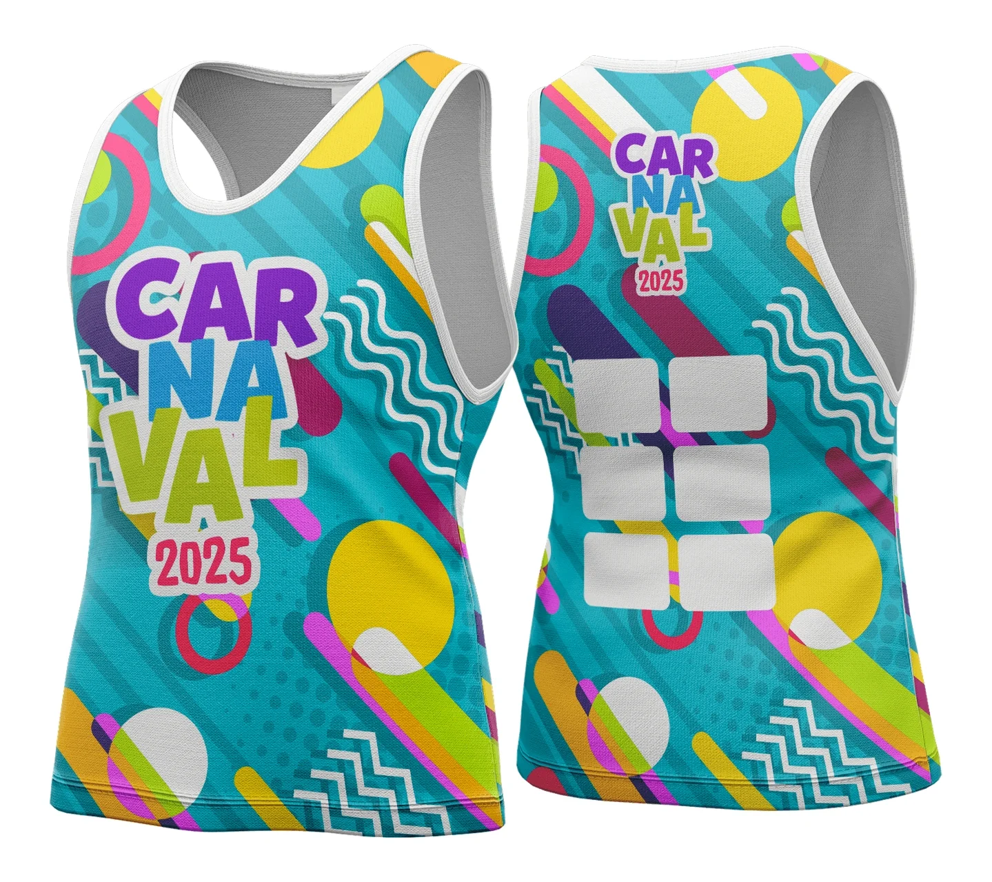 Foto de camiseta unissex branca com logo no peito e estampa grande nas costas inspirada no modelo 162 do abadá de carnaval 2026, ideal para celebrações festivas