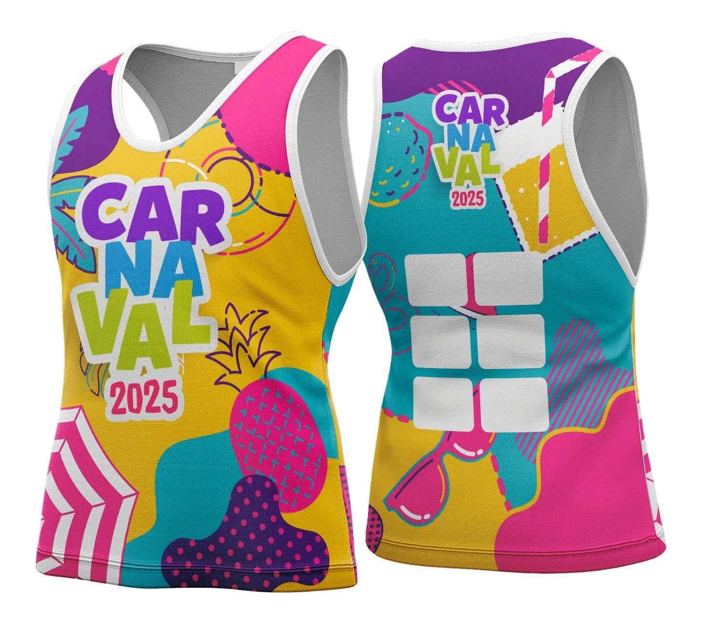 Camiseta unissex com base branca, logo no peito e estampa grande nas costas com tema Camisa Abadá de Carnaval 2026 Modelo 180, perfeita para blocos e festas.