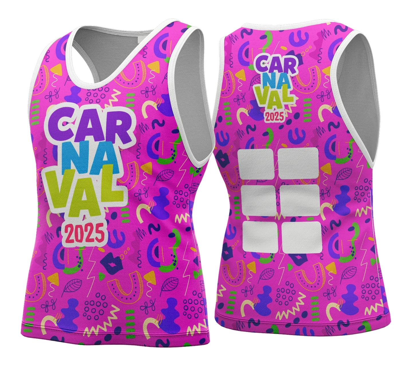 Camiseta unissex branca com logo no peito e estampa grande nas costas celebrando o Carnaval 2026, modelo 183, ideal para festas e blocos com tema animado e colorido.