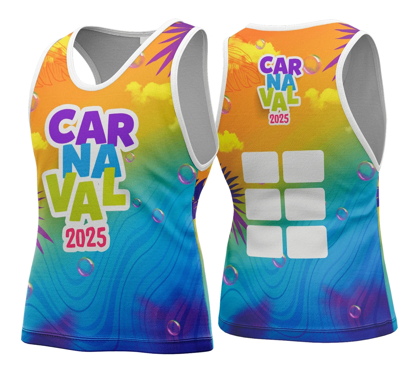 Camiseta unissex branca com logo no peito e estampa grande nas costas de tema Camisa Abadá Carnaval 2026 Modelo 184, ideal para festas e celebrações, destacando cores vibrantes e design único.