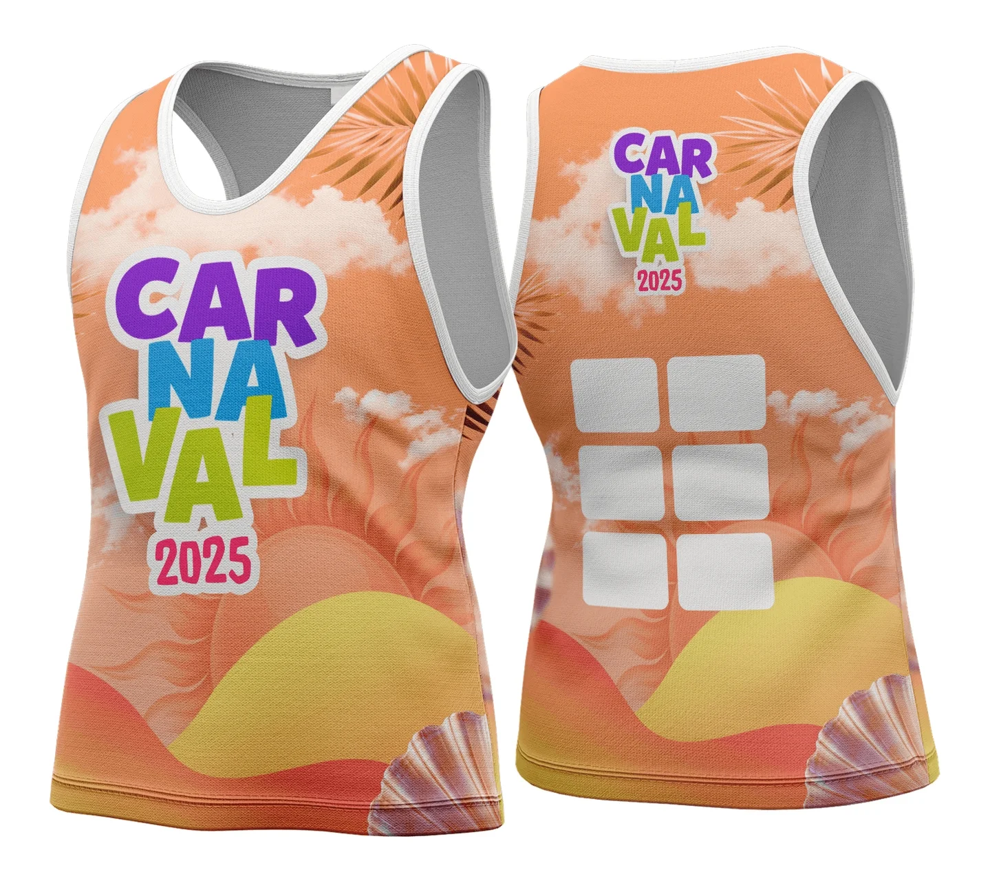 Camiseta unissex branca com logo no peito e estampa grande nas costas inspirada no Carnaval 2026 Modelo 190, perfeita para festas e blocos, confortável e alegre.