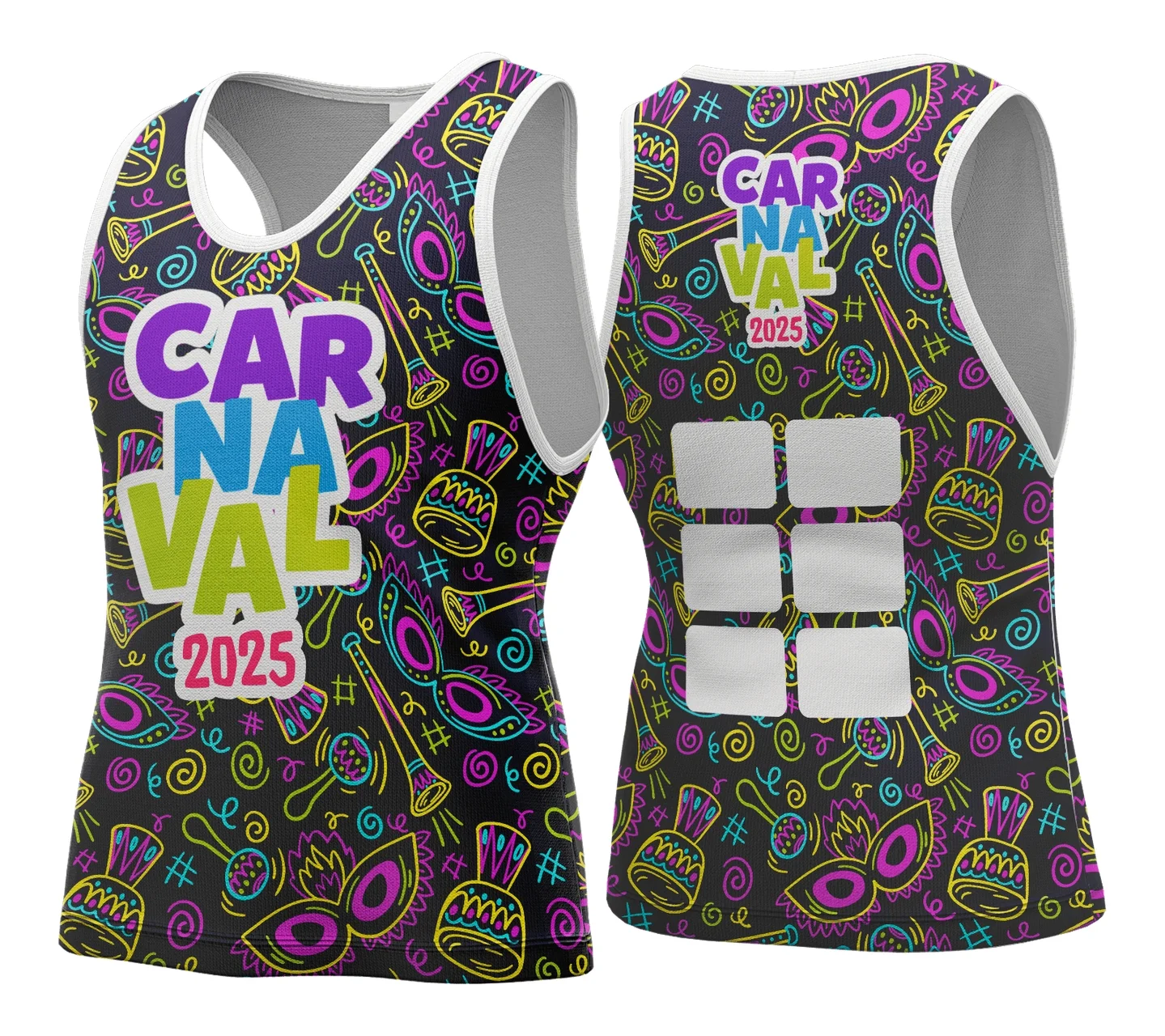 Camiseta unissex branca com logo no peito e estampa grande nas costas inspirada no modelo 191 do Abadá de Carnaval 2026, perfeita para festas e blocos de carnaval.