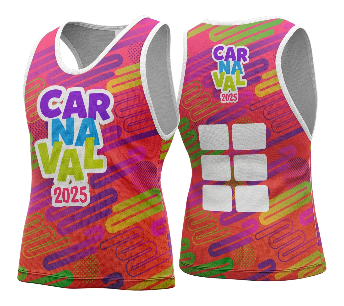 Camiseta unissex branca com logo no peito e estampa grande nas costas, tema Carnaval 2026 com design inspirado no modelo 196, perfeita para festas e eventos.