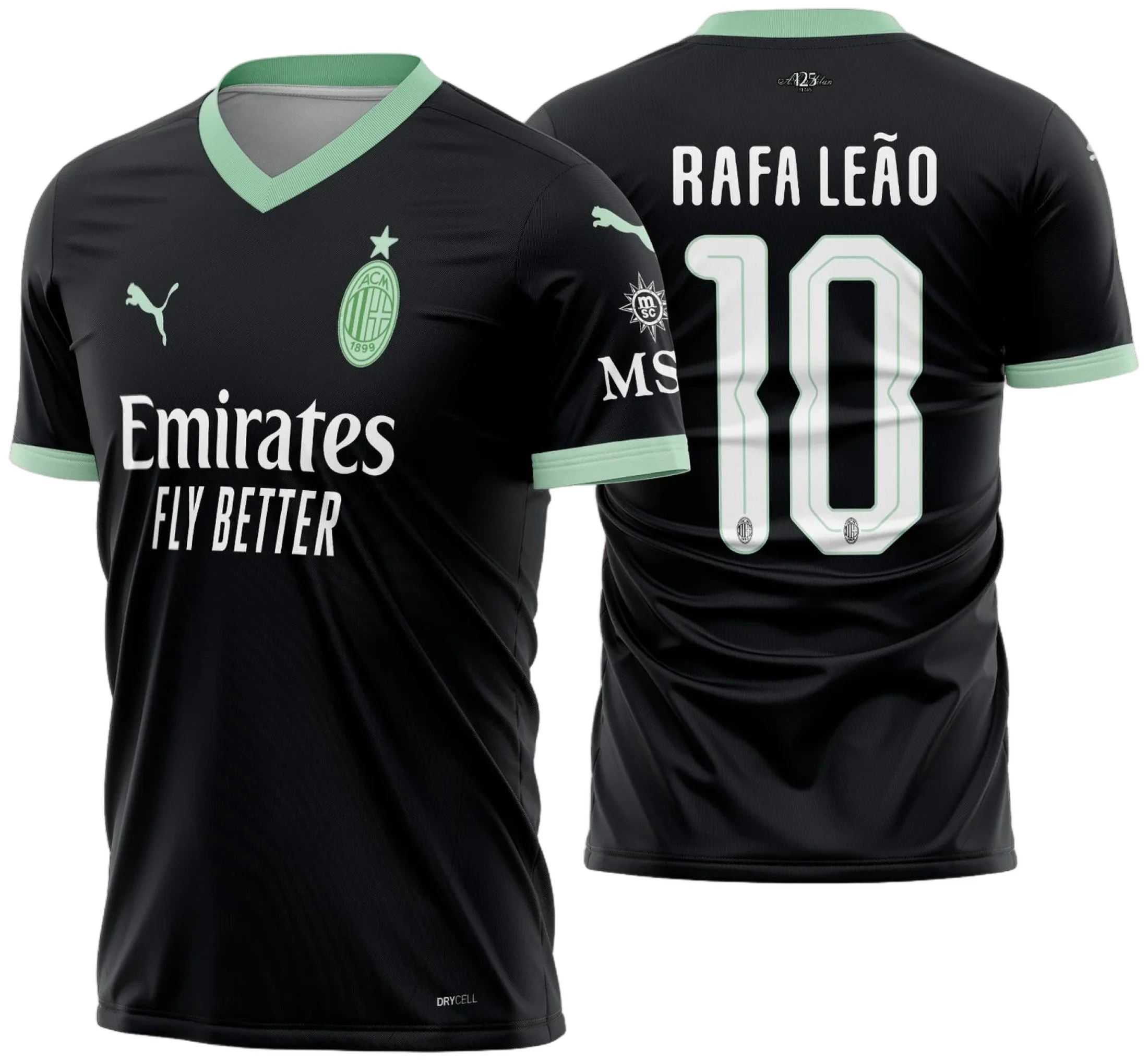 Camiseta unissex preta com logo do AC Milan no peito e estampa grande nas costas da terceira camisa 2024-2025, estilo moderno e esportivo, ideal para torcedores e colecionadores.