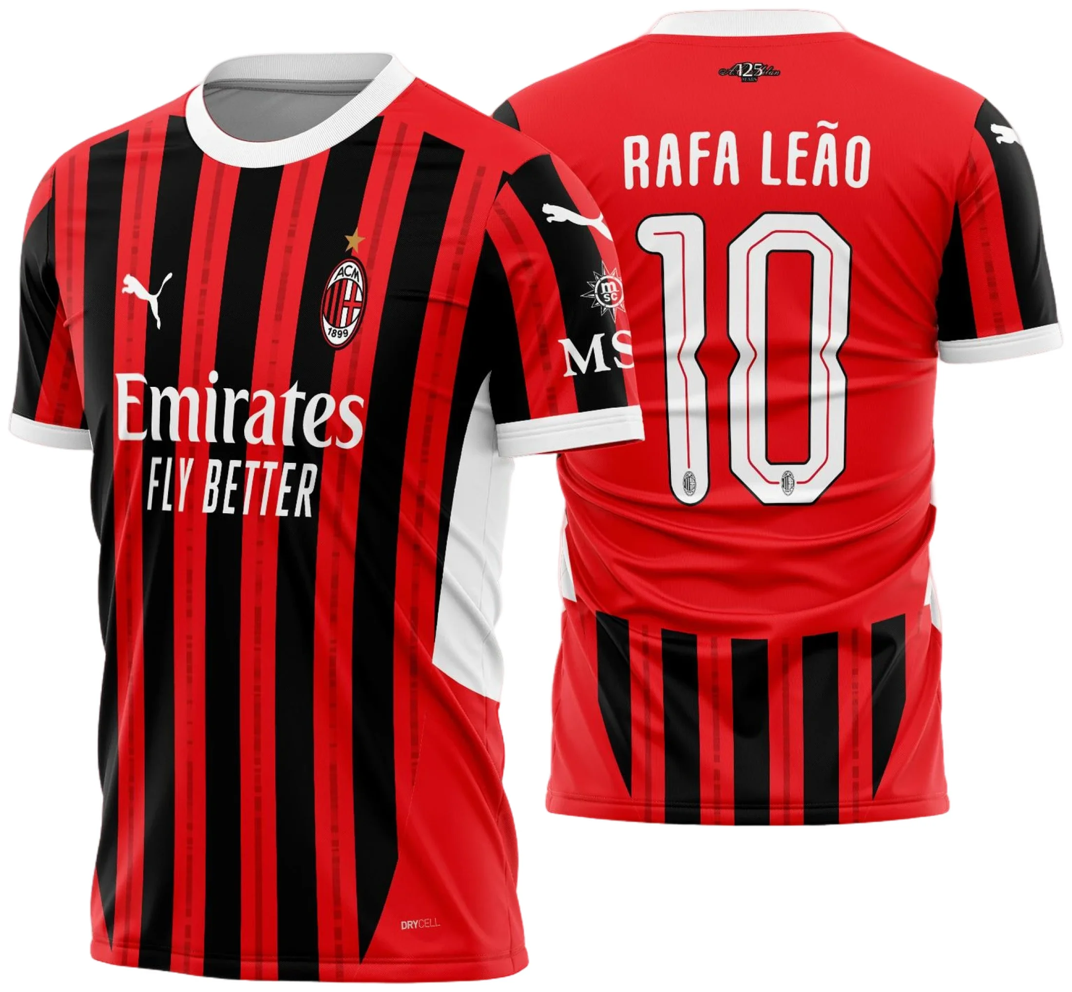 Camiseta unissex preta com logo no peito e estampa grande nas costas com design inspirado na Camisa AC Milan Titular 2024 - 2025, perfeita para fãs do time e amantes de futebol.