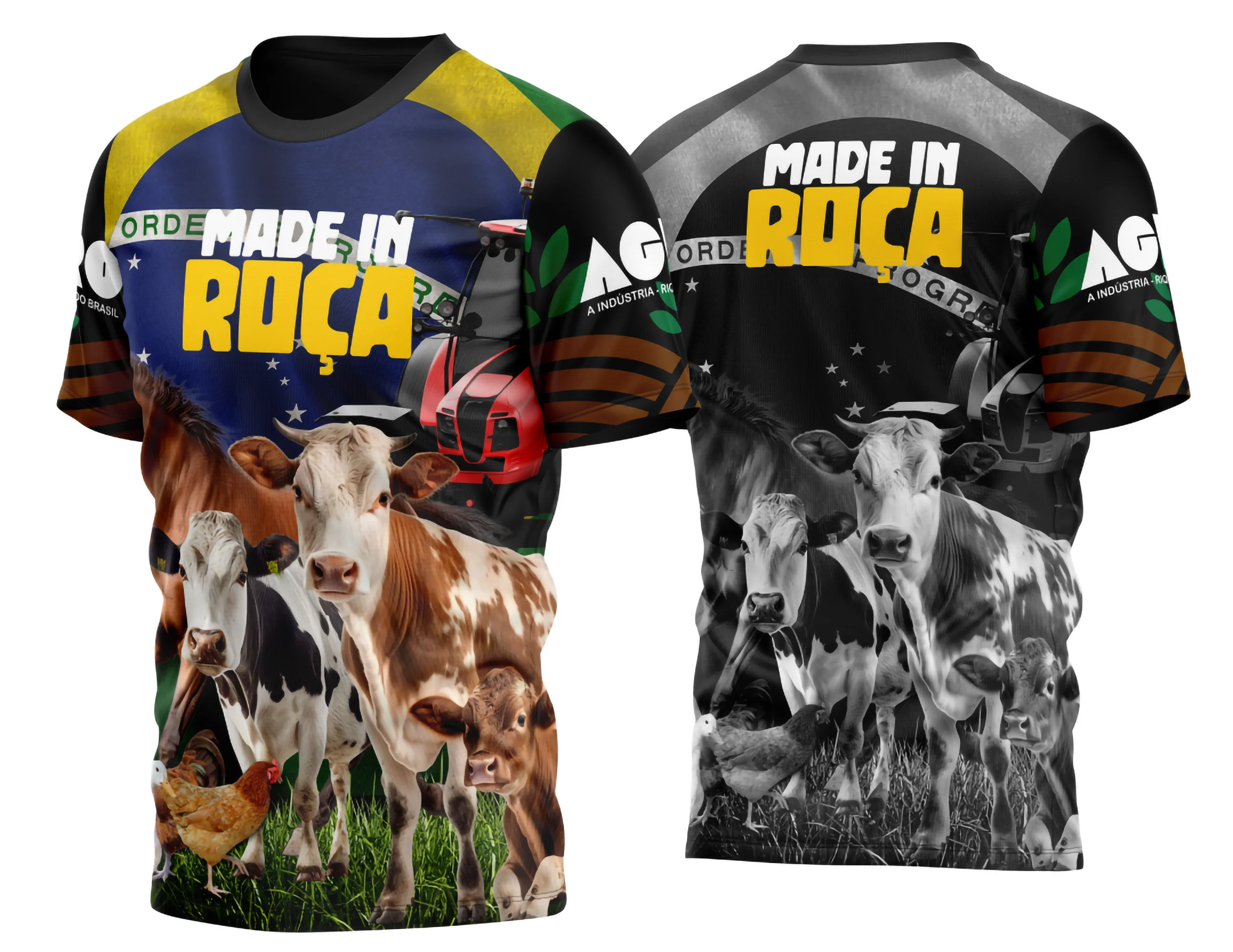 Camiseta unissex preta com logo no peito e estampa grande nas costas tema Agro Bandeira Animais 2023, perfeita para quem ama o campo e a natureza.