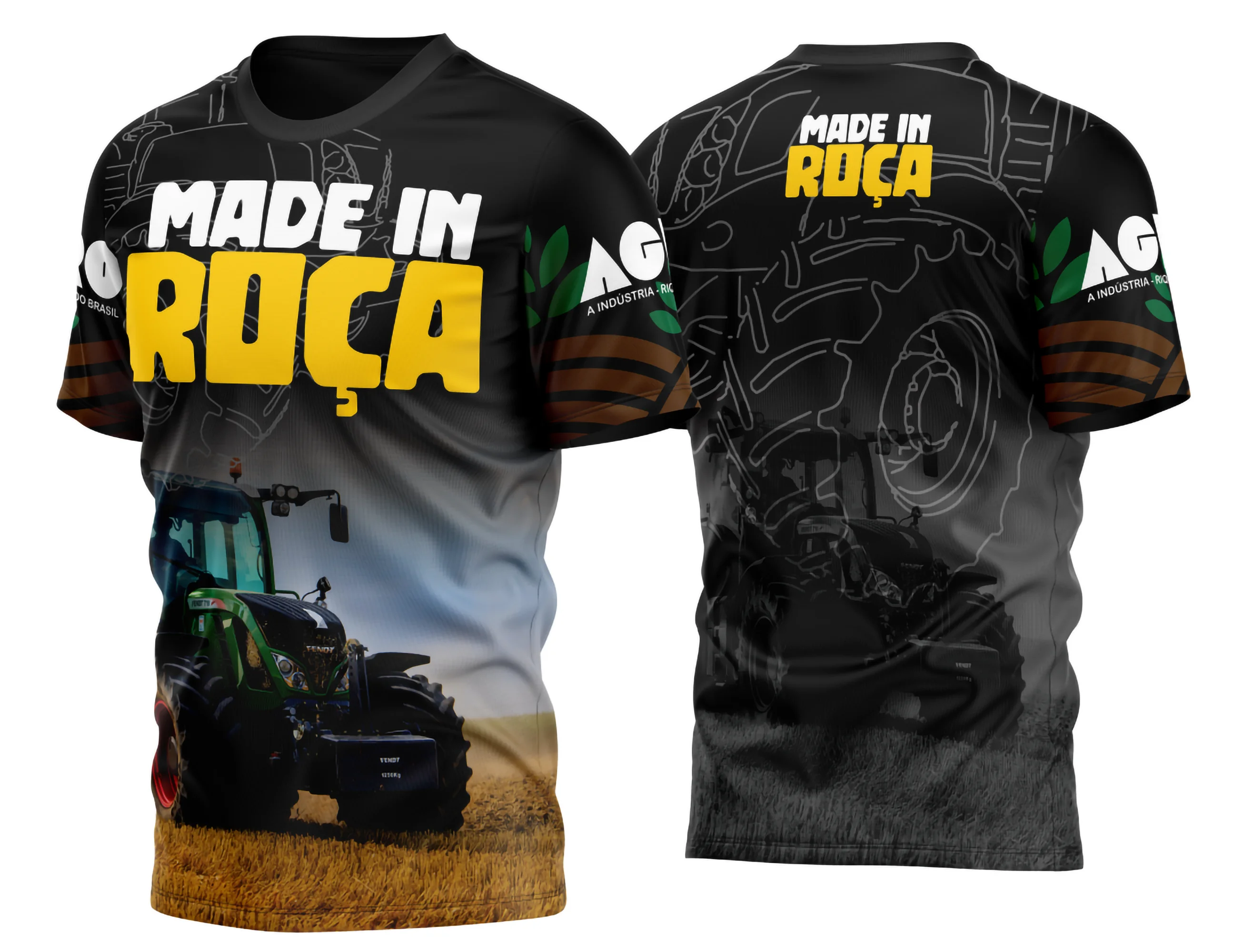 Camiseta unissex preta com logo no peito e estampa grande nas costas mostrando temática AGRO Made in Roça 2023, design moderno em camisa confortável para dia a dia na roça ou eventos rurais.