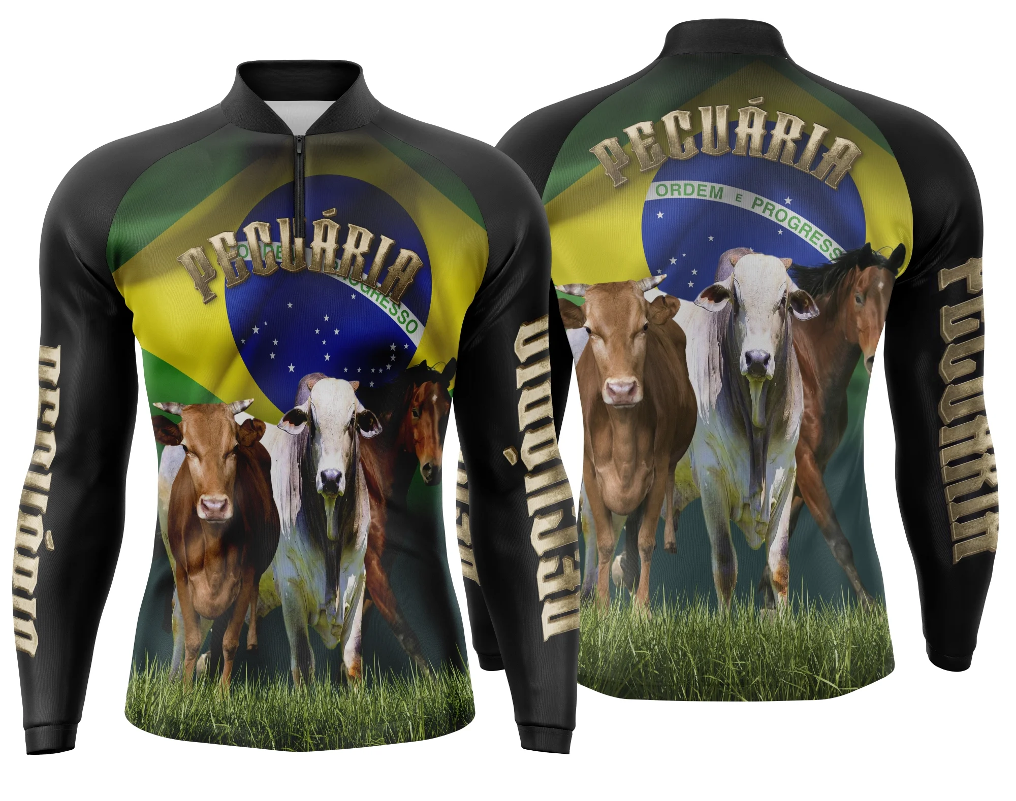 Camiseta unissex preta com logo no peito e estampa grande nas costas inspirada em pecuária, ideal para quem busca estilo e conforto na moda agro.