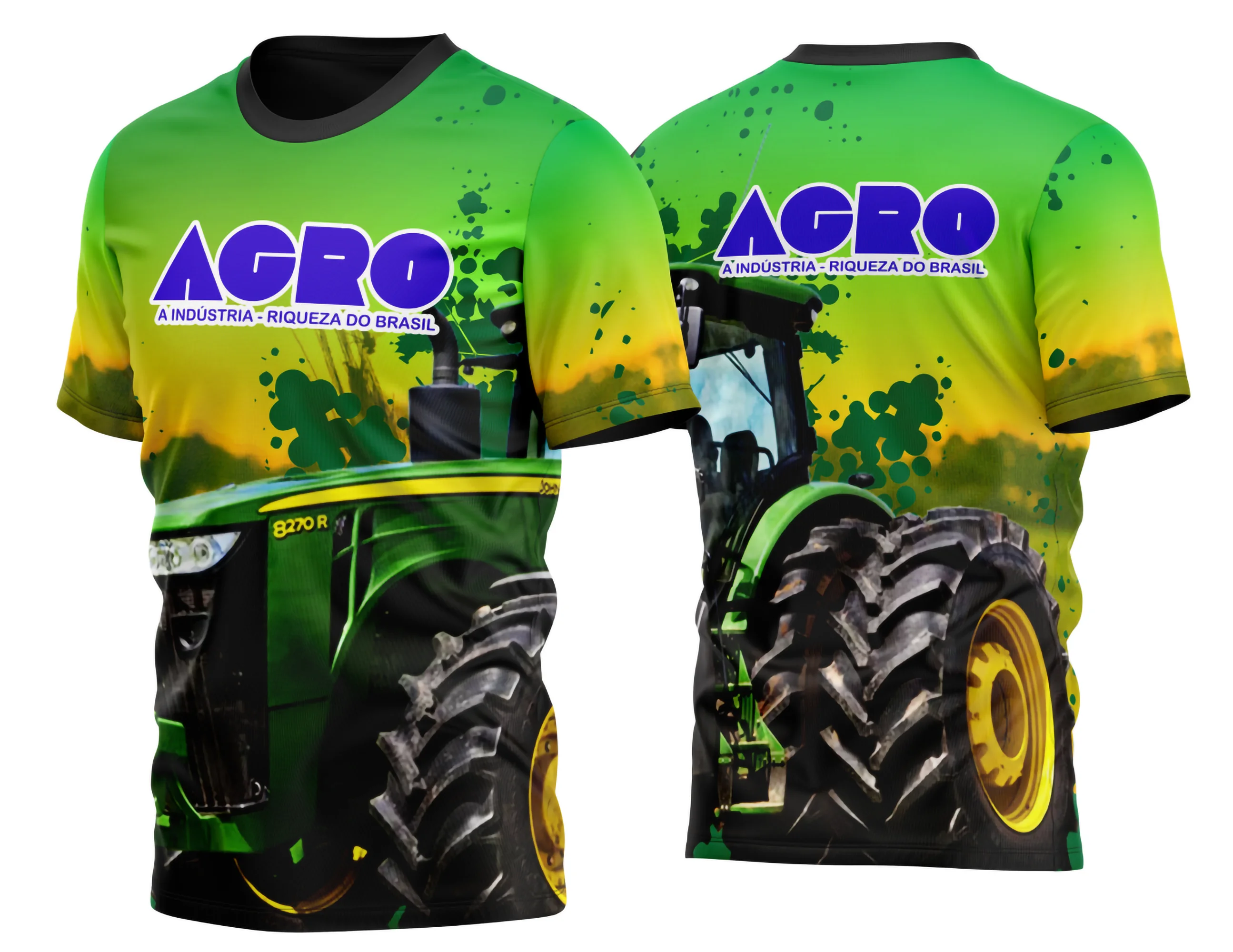 Camiseta unissex preta com logo no peito e estampa grande nas costas com tema Agro Trator 2023, destacando estilo rural e moderno para quem ama o campo.