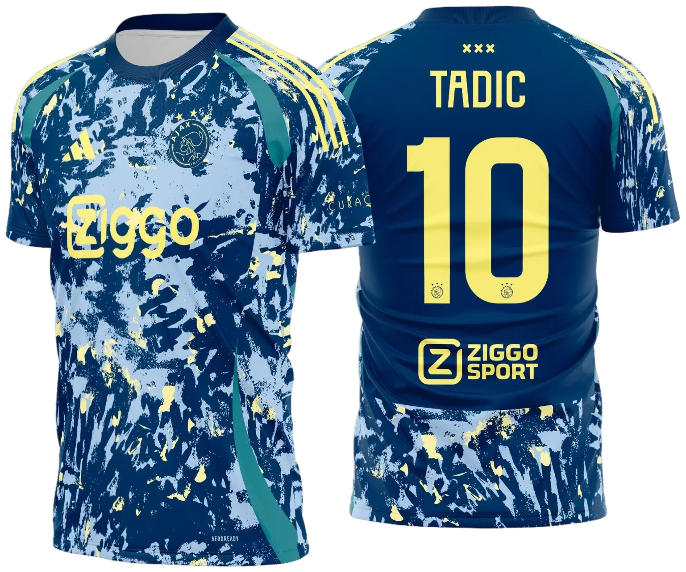 Camiseta unissex preta com logo no peito e estampa grande nas costas, inspirada na Camisa Ajax Reserva 2024 - 2025, ideal para torcedores e colecionadores.