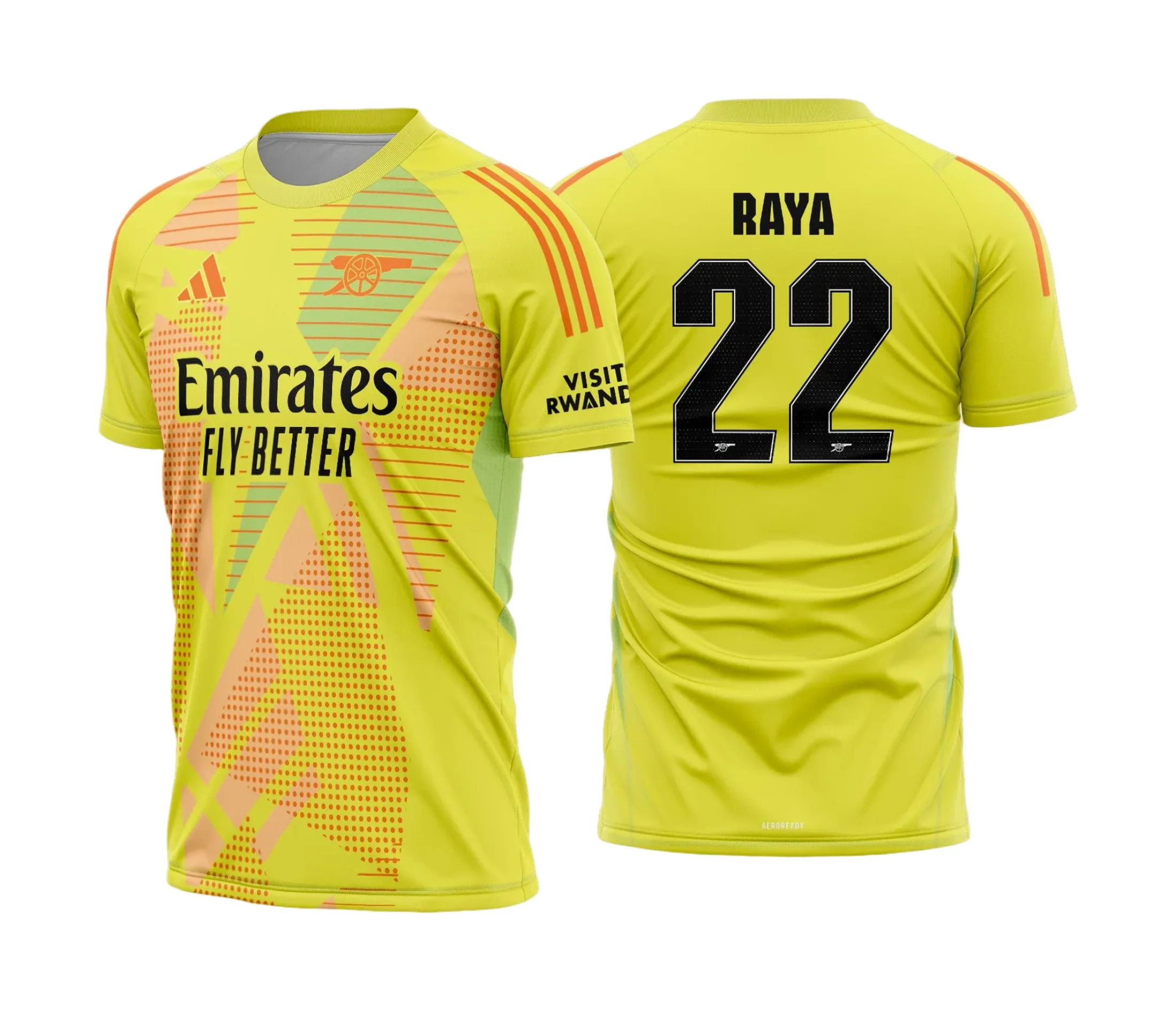 Camiseta unissex preta com logo no peito e estampa grande nas costas do Arsenal goleiro 2024 2025, destaque para design moderno e cores vibrantes.