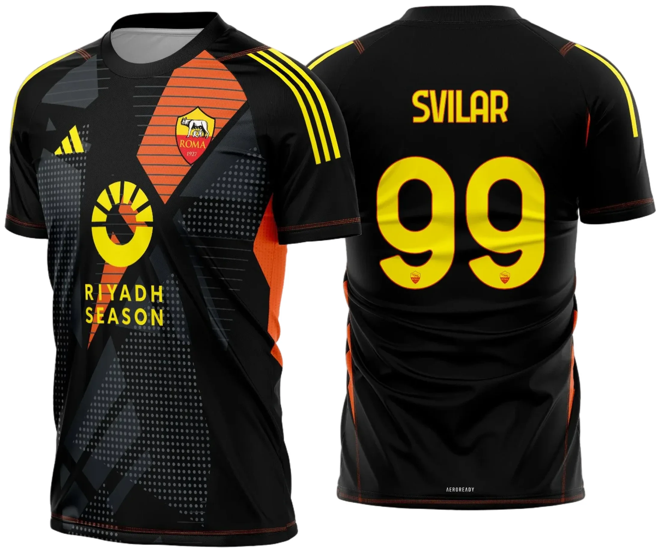 Camiseta unissex preta com logo AS Roma no peito e estampa grande nas costas destacando o goleiro para a temporada 2024 - 2025, perfeita para fãs do futebol e colecionadores.