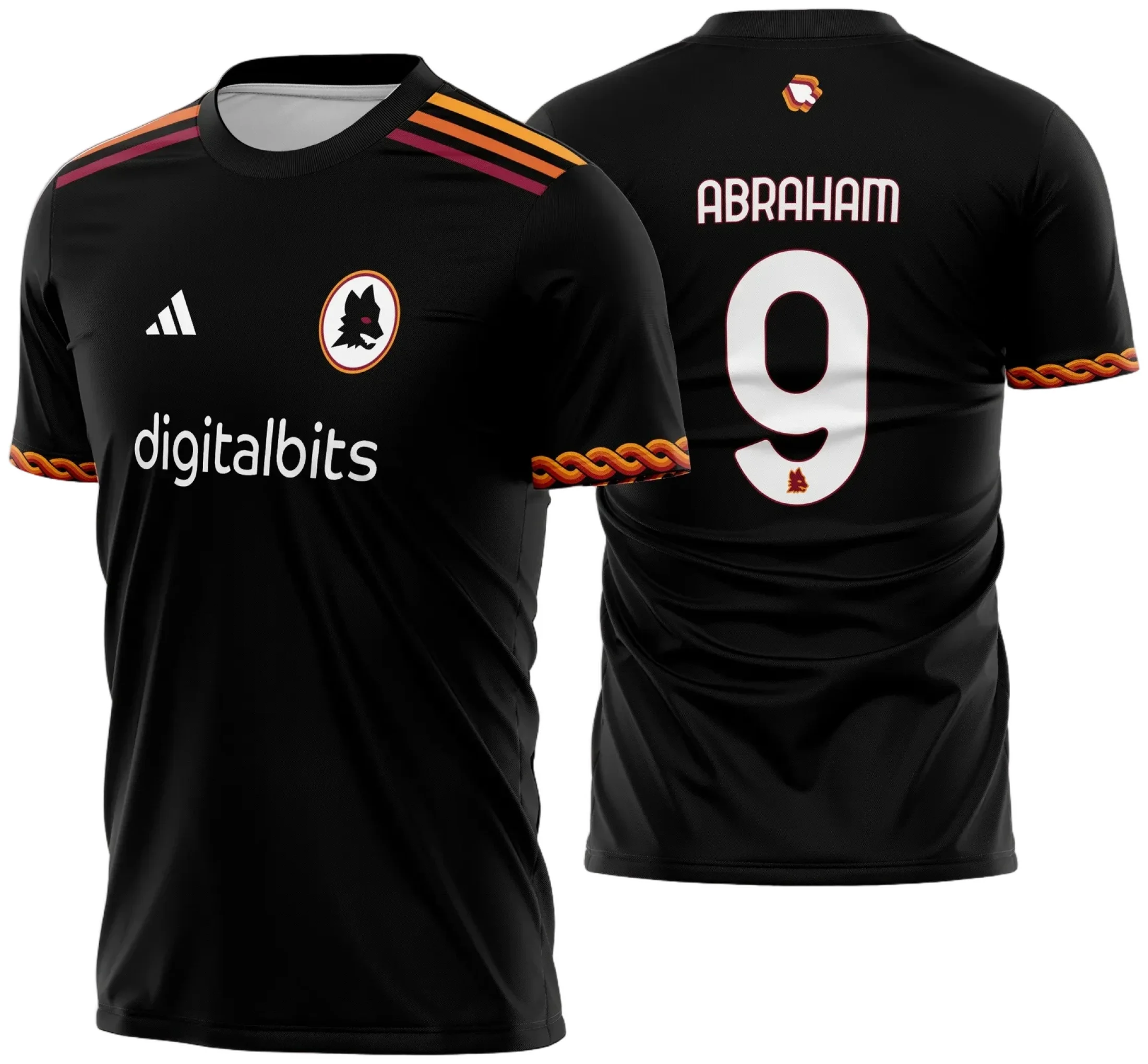 Camiseta unissex preta com logo no peito e estampa grande nas costas inspirada na Camisa AS Roma Terceira 2023 2024, design moderno e vibrante.