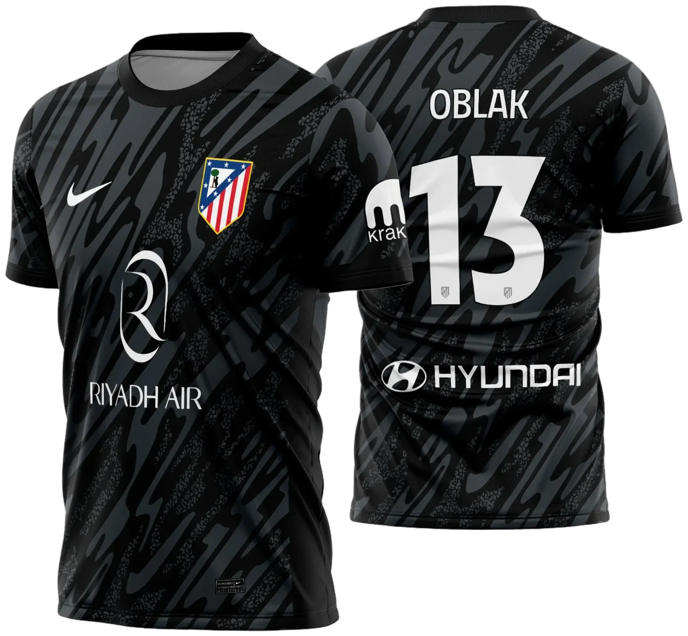 Camiseta unissex preta com logo no peito e estampa grande nas costas do Atletico de Madrid goleiro 2024 2025, ideal para fãs que buscam estilo e autenticidade.