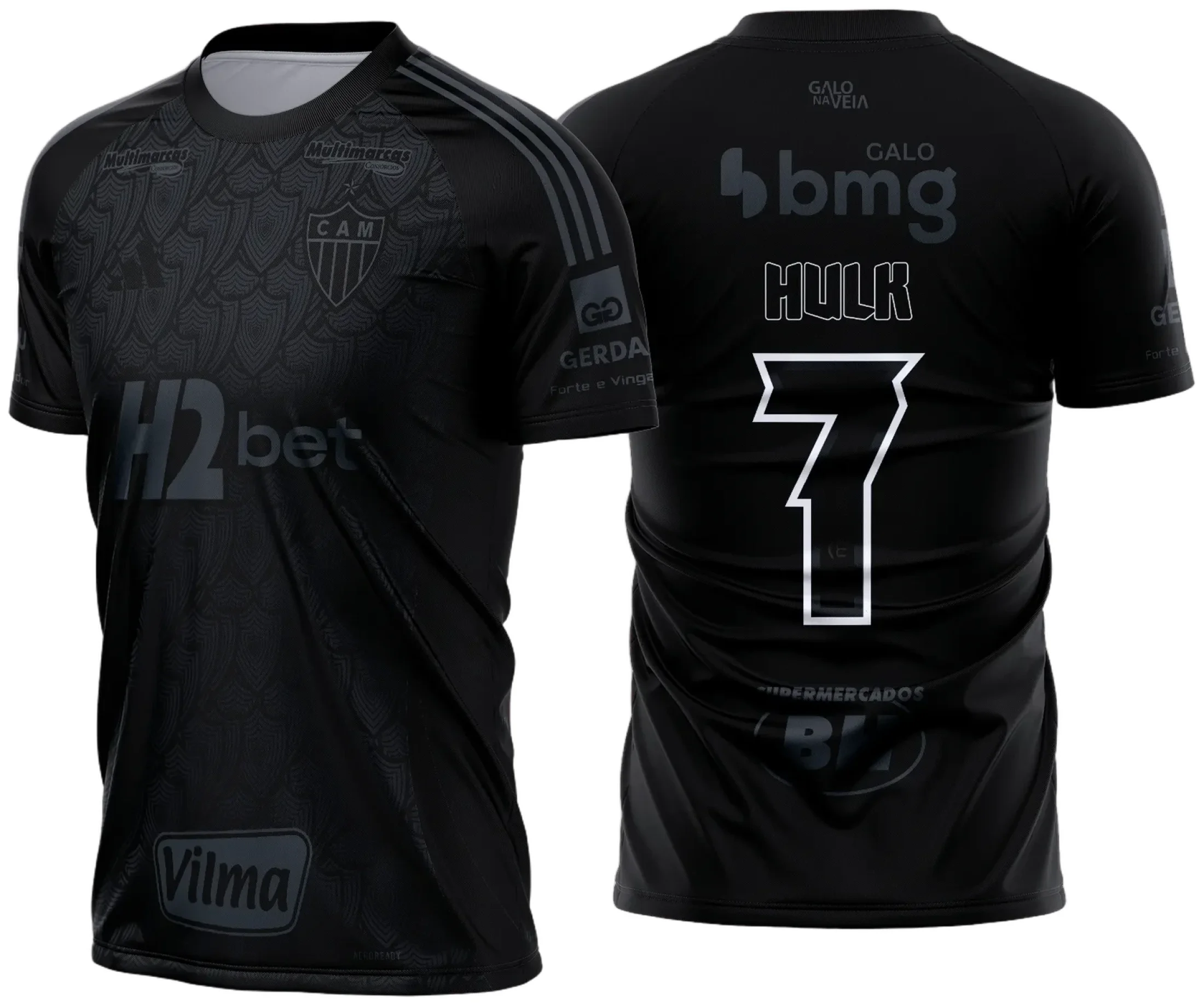Camiseta unissex preta com logo no peito e estampa grande nas costas inspirada na Camisa Atlético MG All Black 2025 2026, design moderno e estiloso para torcedores.