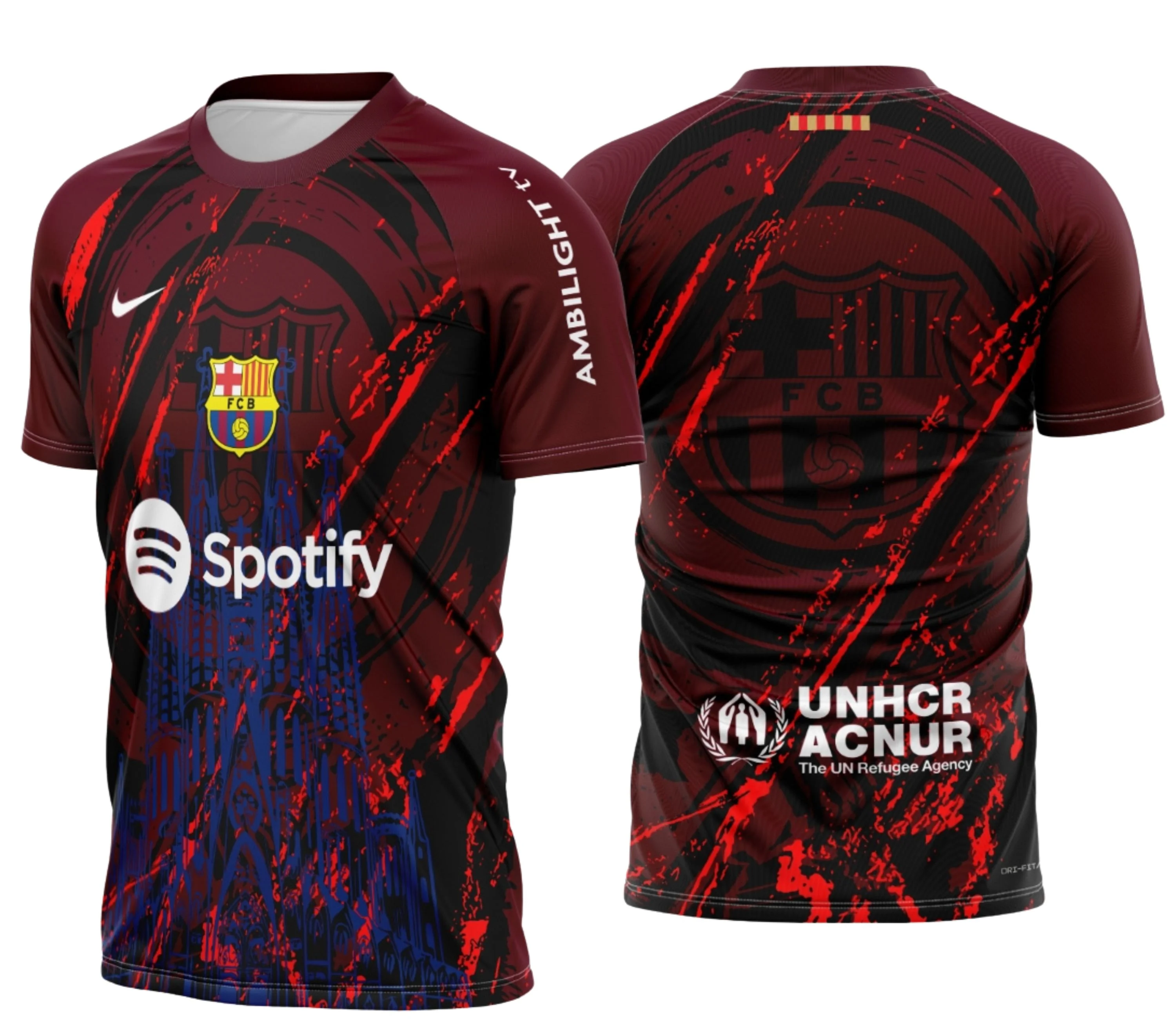 Camiseta unissex preta com logo no peito e estampa grande nas costas, tema Barcelona Conceito, design moderno e vibrante para quem ama futebol.