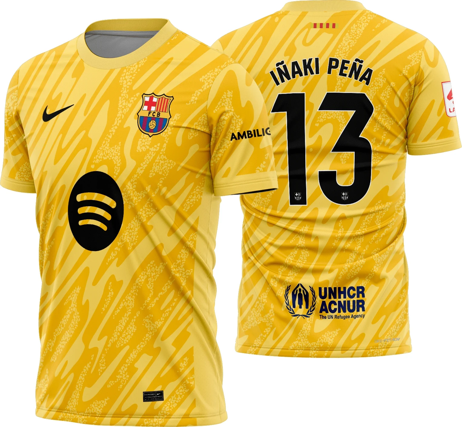 Camiseta unissex preta com logo no peito e estampa grande nas costas inspirada no goleiro do Barcelona temporada 2024 2025, ideal para fãs do futebol.