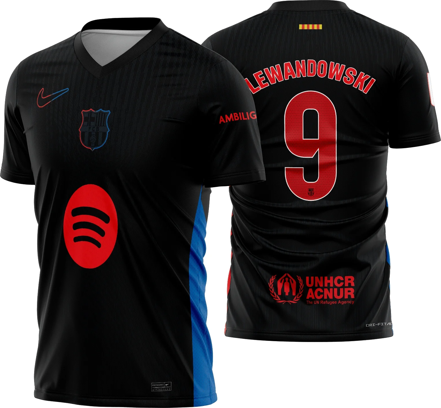 Camiseta unissex preta com logo no peito e estampa grande nas costas inspirada na camisa Barcelona Reserva 2024 2025, design moderno e vibrante para fãs do futebol.