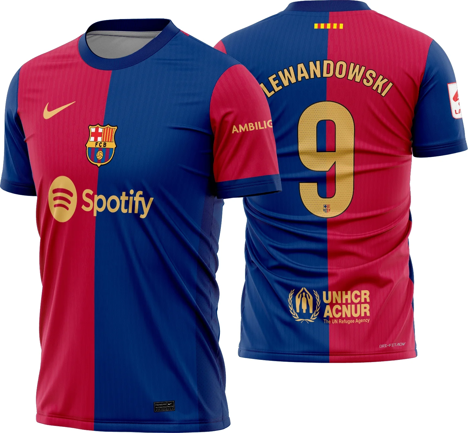 Camiseta preta unissex com logo no peito e estampa grande nas costas, tema Barcelona Titular 2024 - 2025, design moderno e vibrante para fãs do futebol.