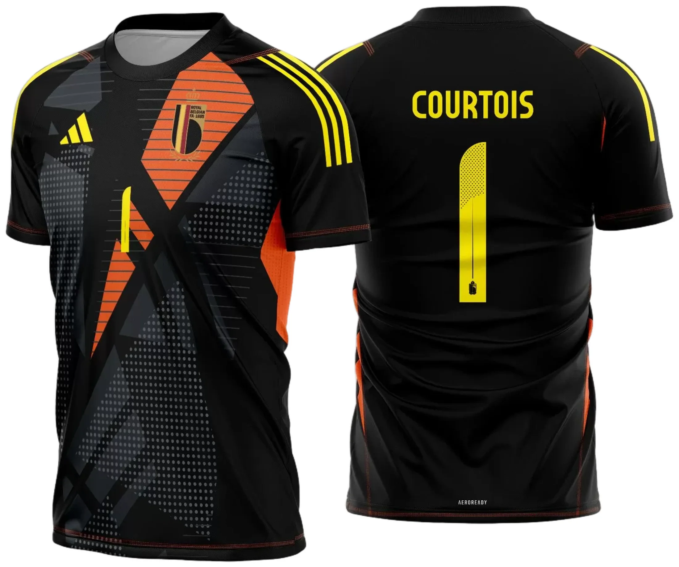 Camiseta unissex preta com logo no peito e estampa grande nas costas temática da seleção da Bélgica goleiro 2024 - 2025, design moderno e vibrante para torcedores e fãs.