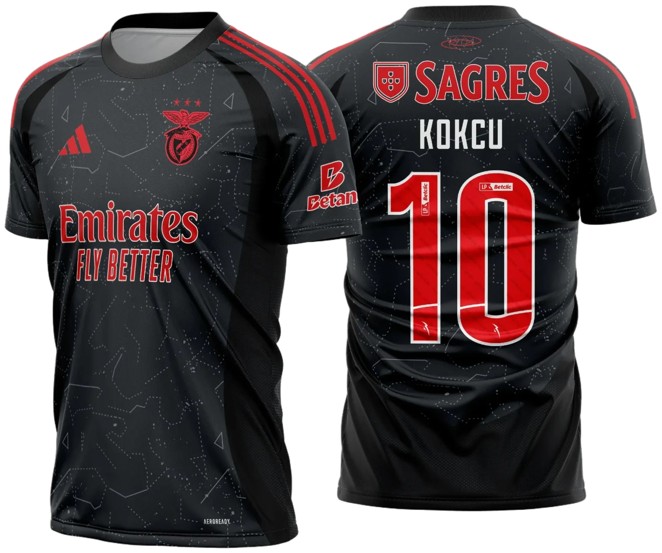 Uniforme de futebol personalizado, projetado para times amadores ou profissionais, com design moderno e arrojado. Apresenta uma combinação de cores contrastantes, logotipo ou escudo do time em destaque no peito, e detalhes gráficos na frente e nas mangas. Na parte traseira, há espaço para personalização com nome e número do jogador, garantindo identidade ao time. Ideal para jogos oficiais, amistosos ou competições, oferecendo estilo e funcionalidade.