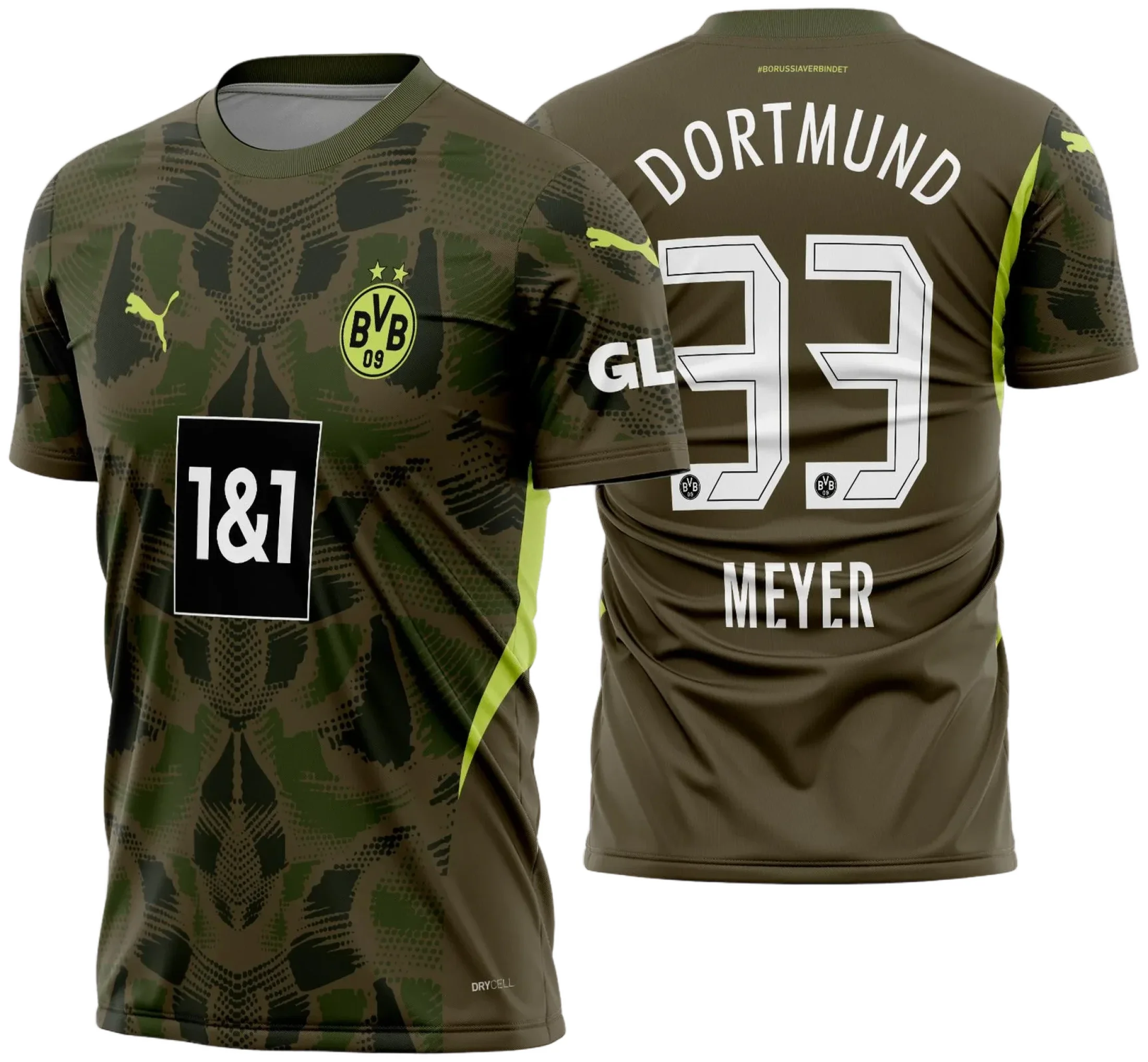 Camisa preta unissex com logo no peito e estampa grande nas costas tema Borussia Dortmund Goleiro 2024 2025, com design moderno e detalhes marcantes.