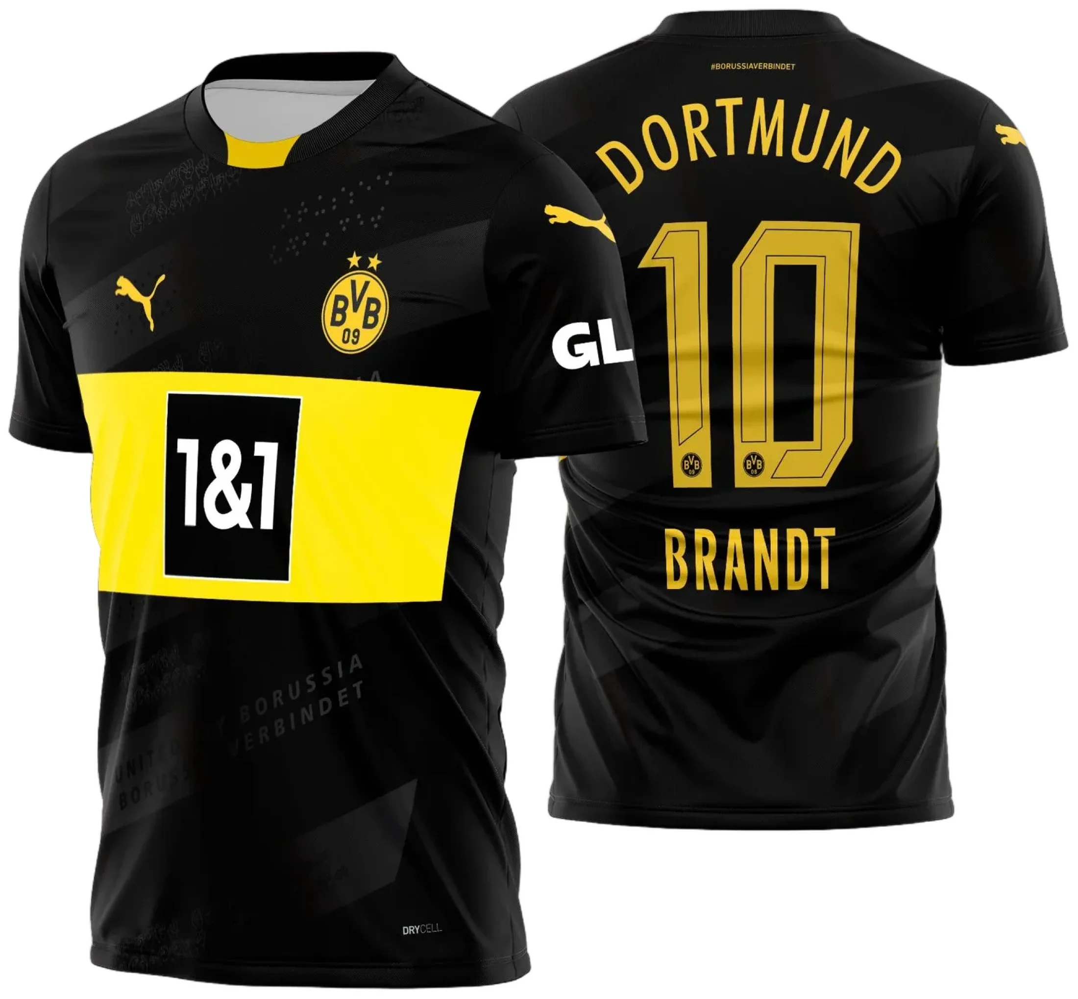 Camisa unissex preta com logo no peito e estampa grande nas costas do Borussia Dortmund reserva 2024 2025, ideal para fãs do time e estilo esportivo marcante.