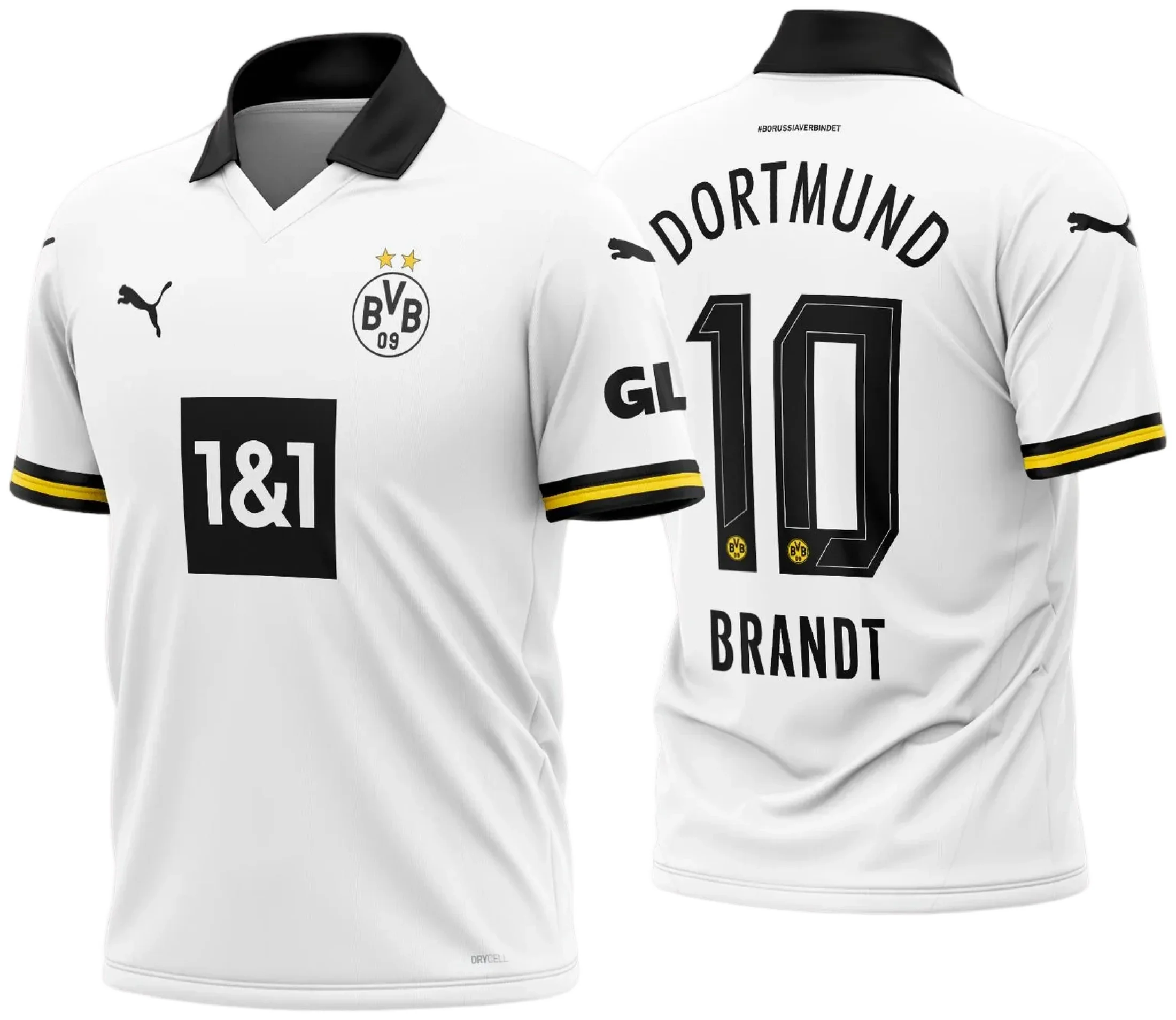 Camiseta unissex preta com logo no peito e estampa grande nas costas do Borussia Dortmund Terceira 2024-2025, ideal para fãs do time com estilo moderno e vibrante.