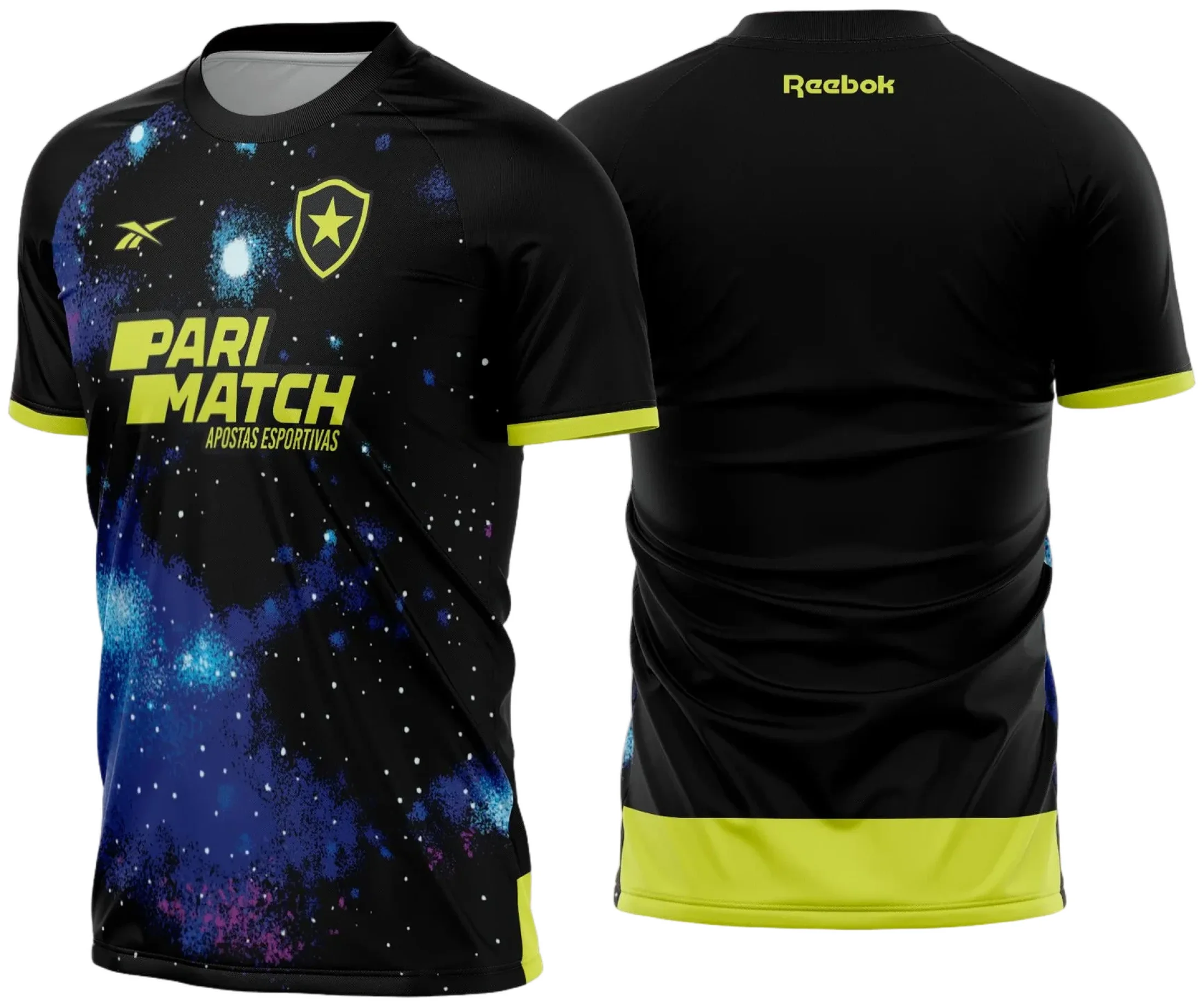 Uniforme de futebol personalizado, projetado para times amadores ou profissionais, com design moderno e arrojado. Apresenta uma combinação de cores contrastantes, logotipo ou escudo do time em destaque no peito, e detalhes gráficos na frente e nas mangas. Na parte traseira, há espaço para personalização com nome e número do jogador, garantindo identidade ao time. Ideal para jogos oficiais, amistosos ou competições, oferecendo estilo e funcionalidade.