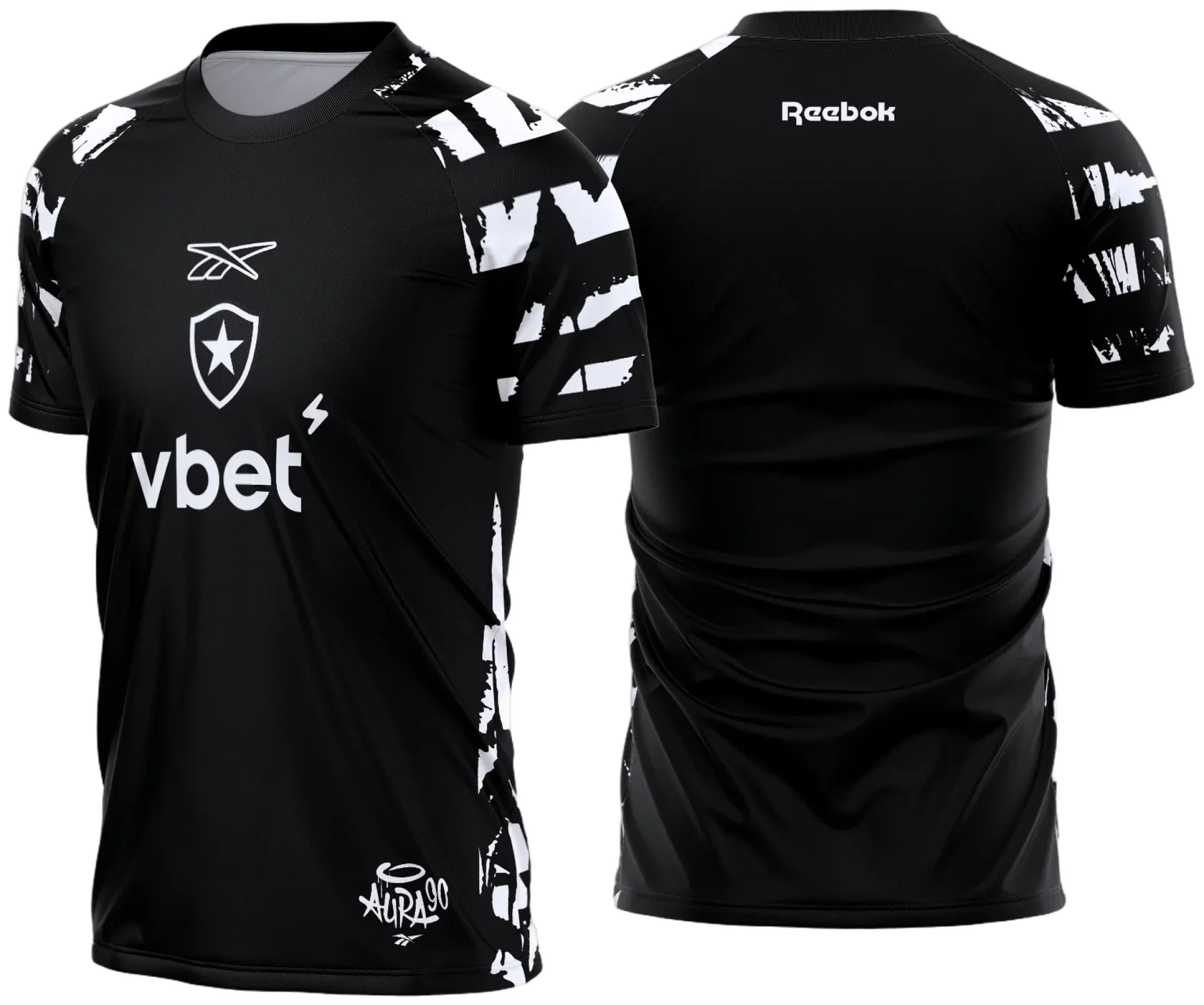 Camiseta unissex preta com logo no peito e estampa grande nas costas do Botafogo Pré-Jogo 2025 2026, design moderno e estilo esportivo para torcedores.