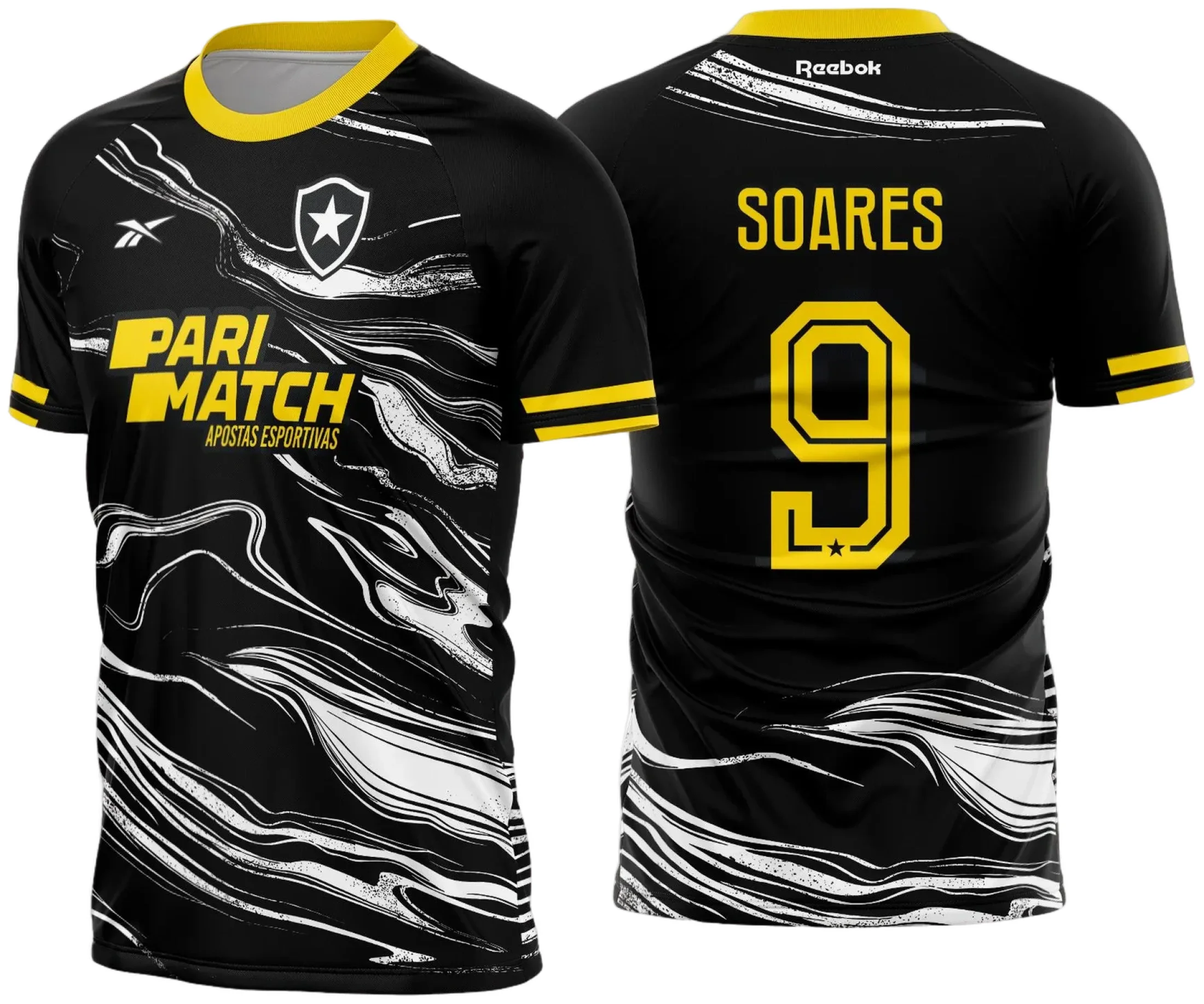 Camiseta unissex preta com logo no peito e estampa grande nas costas inspiradas na camisa Botafogo Quarta 2024 2025, ideal para fãs do clube que buscam estilo com conforto.