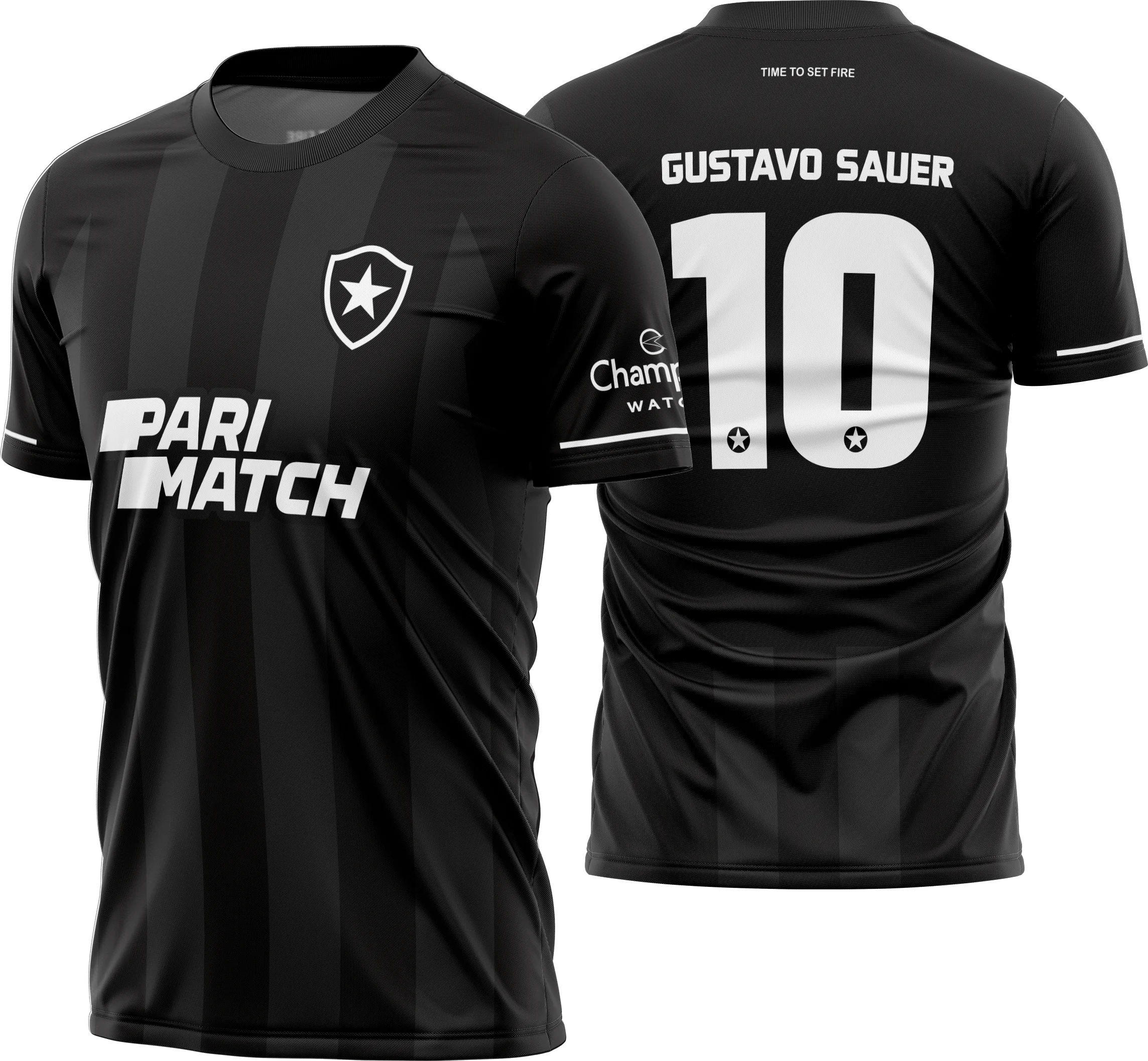 Camiseta preta unissex com logo do Botafogo no peito e estampa grande nas costas, tema Botafogo Reserva 2023-2024, estilo esportivo e moderno.